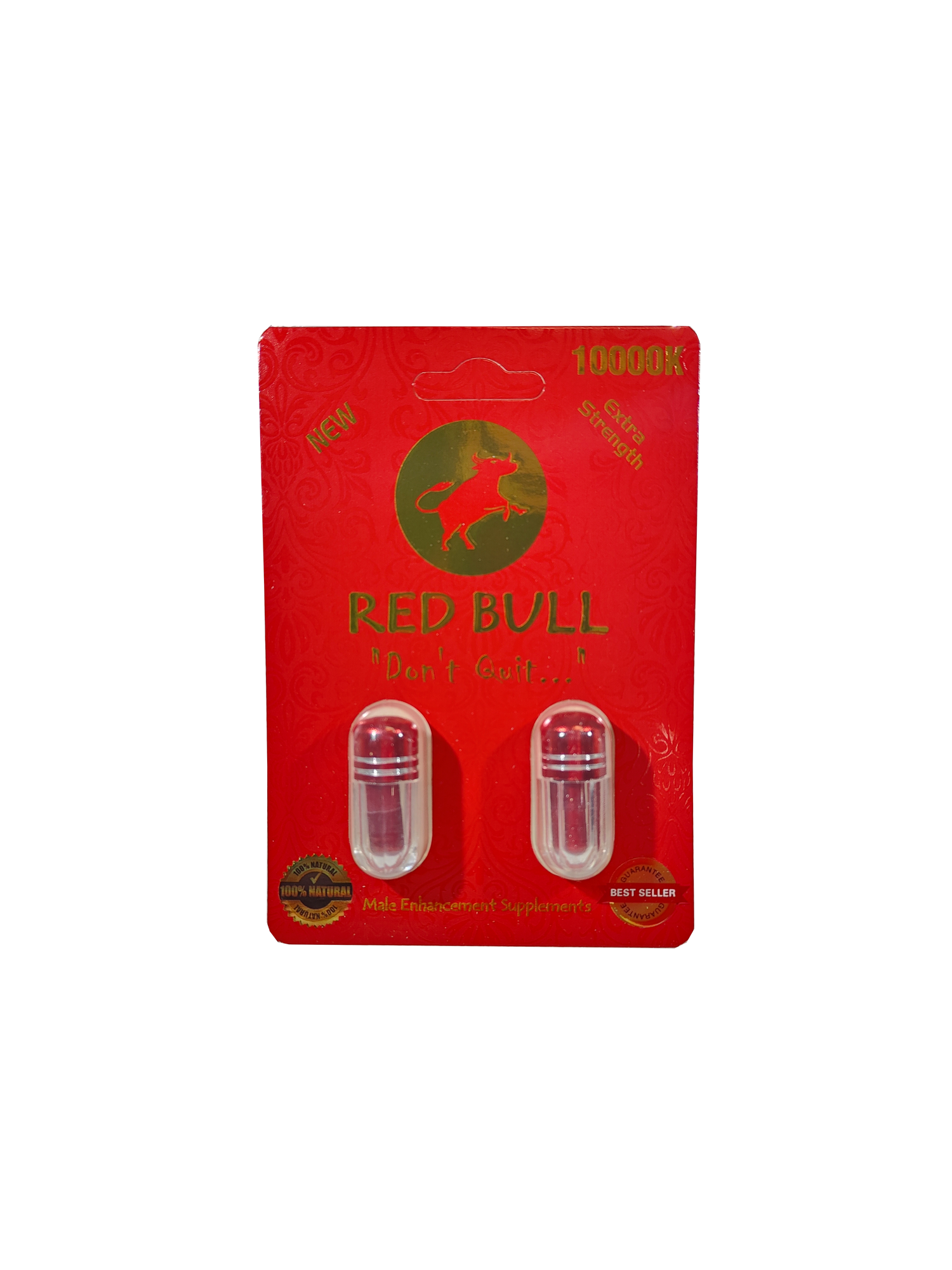 Double capsule packet of Red Bull 10000K, a Male stamina enhancement supplement pill.