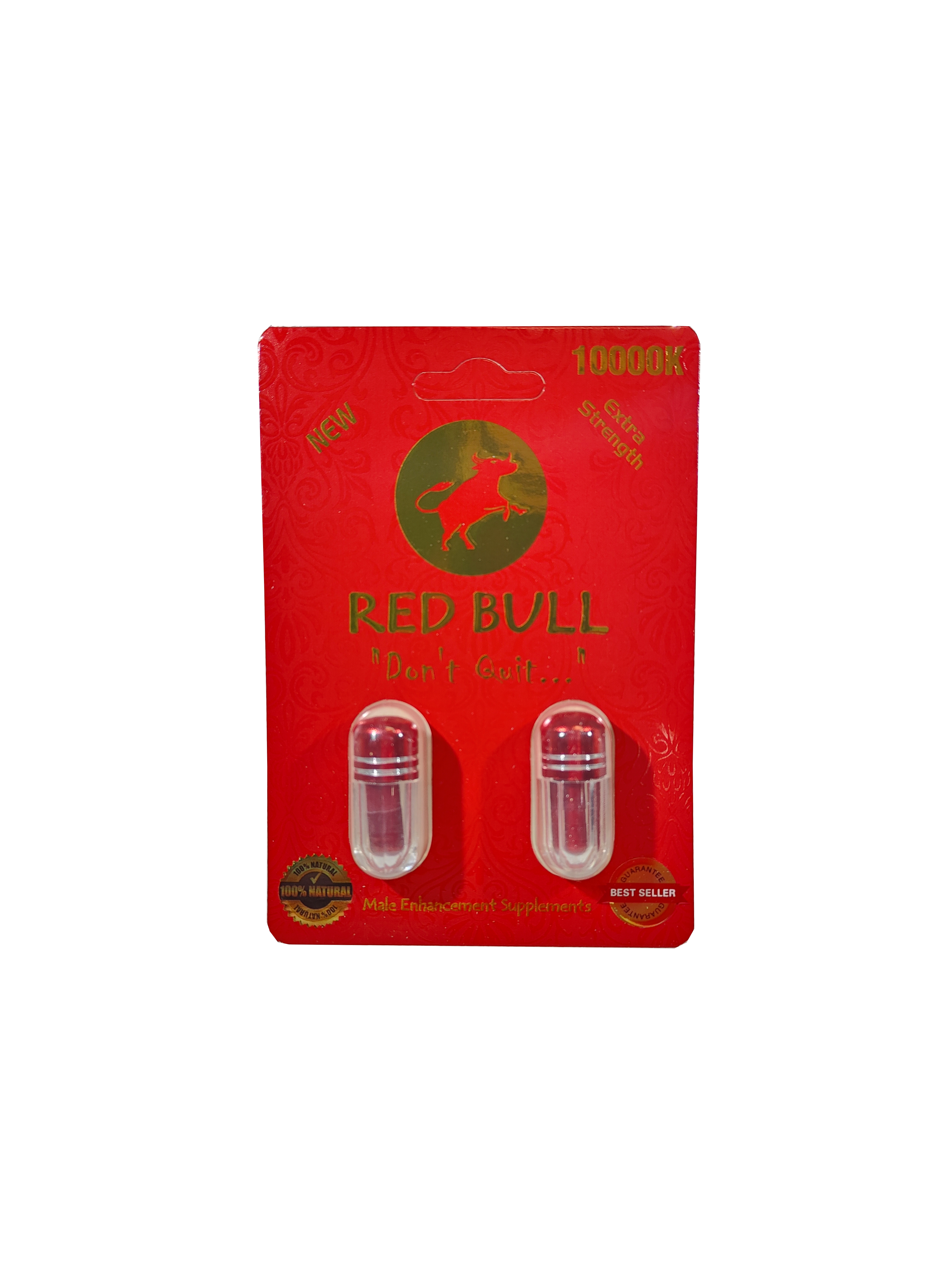 Double capsule packet of Red Bull 10000K, a Male stamina enhancement supplement pill.