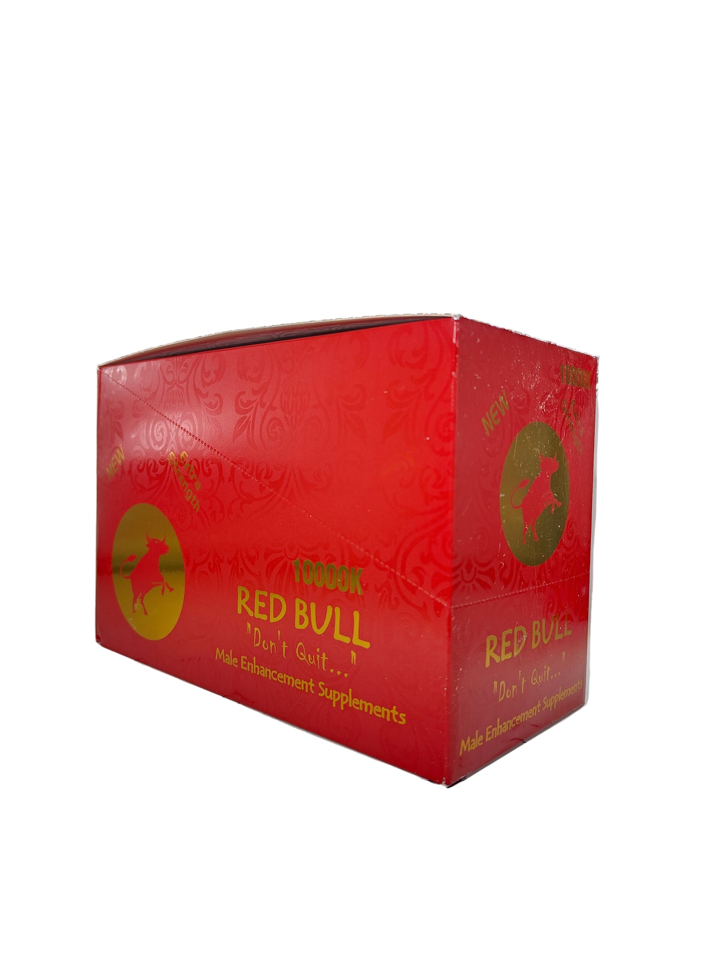 Front view of Red Bull 10000K display box, a male stamina enhancement supplement in pill form.