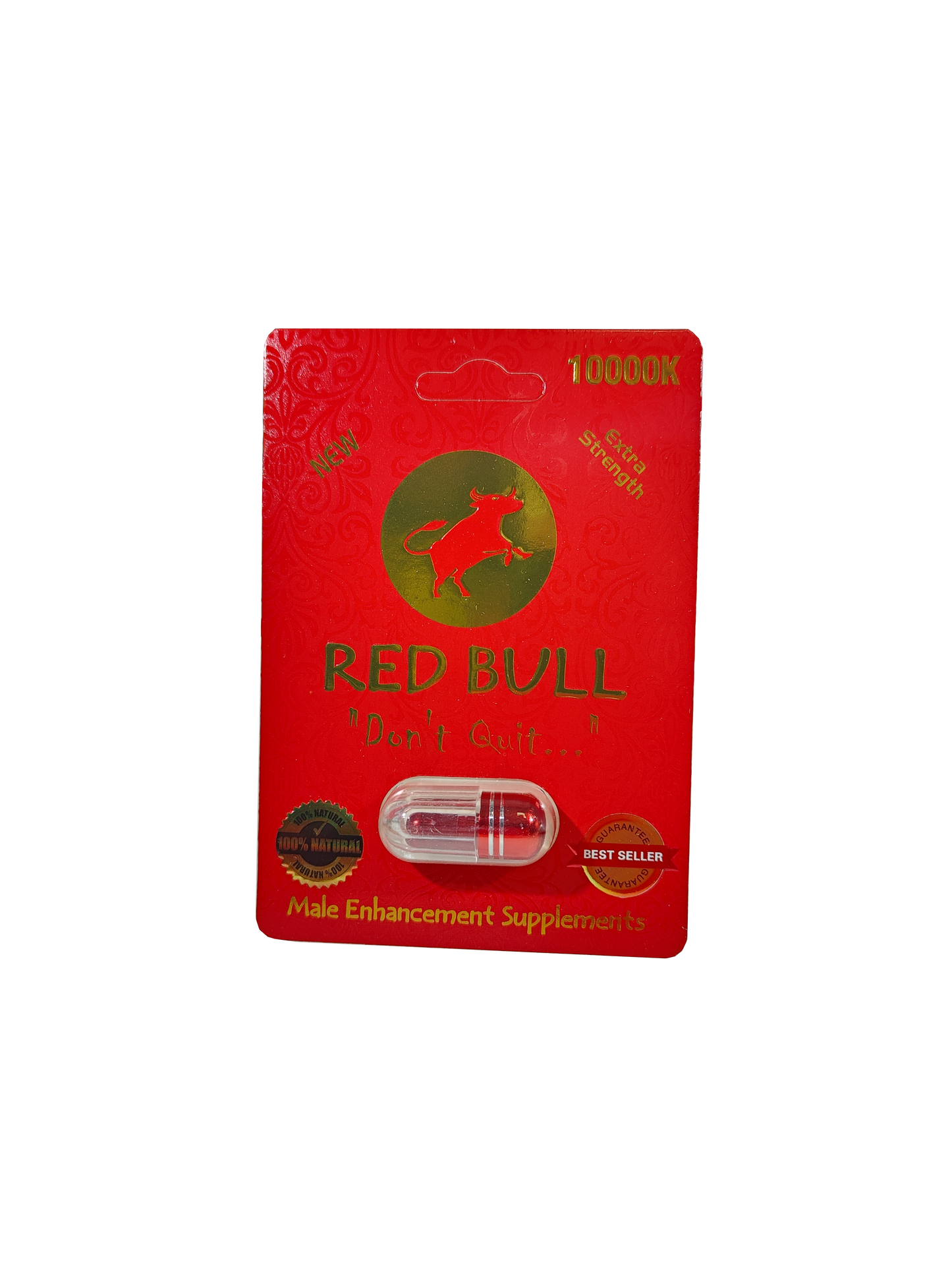 Single capsule packet of Red Bull 10000K, a male stamina enhancement supplement pill.