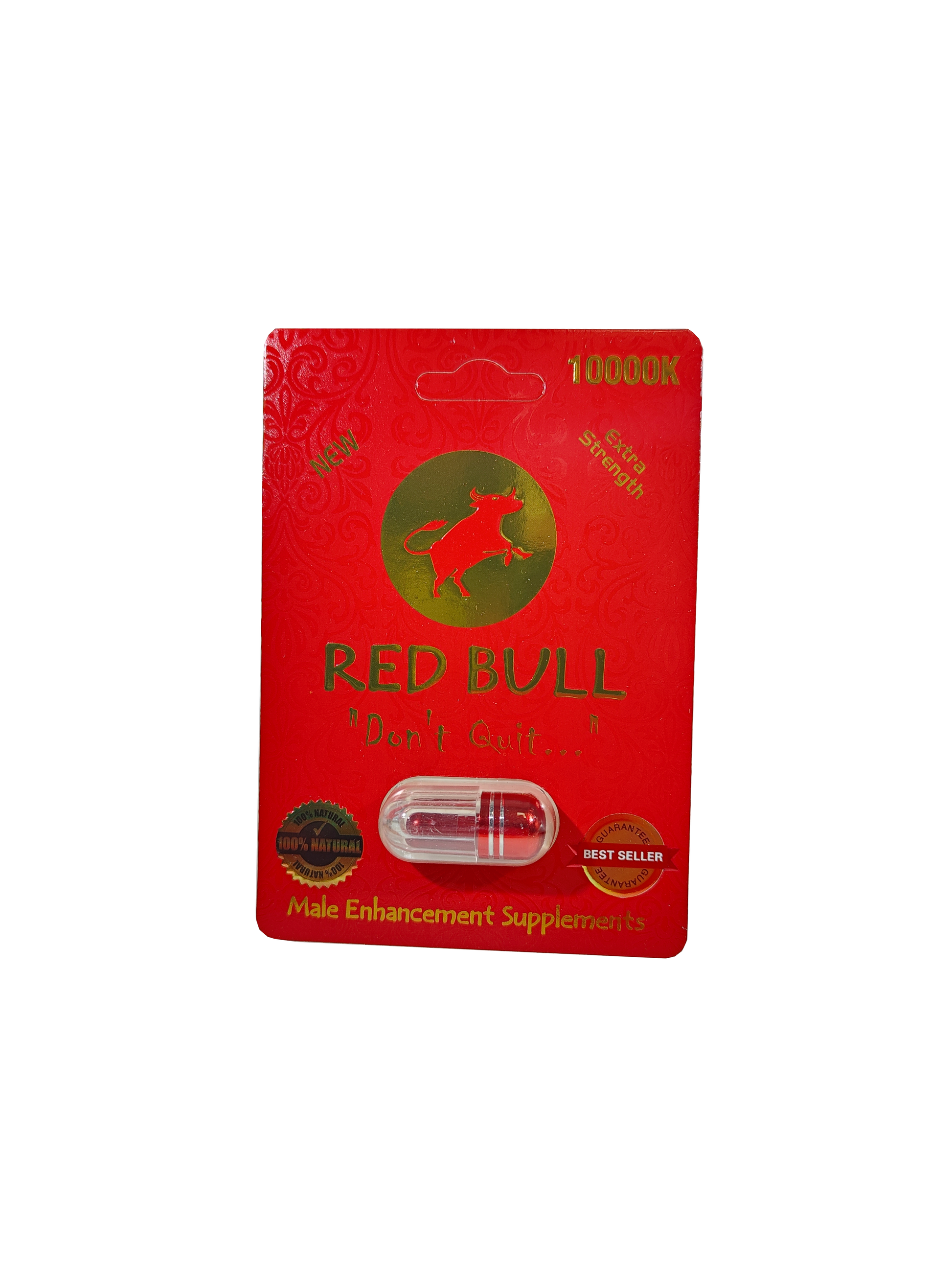 Single capsule packet of Red Bull 10000K, a male stamina enhancement supplement pill.