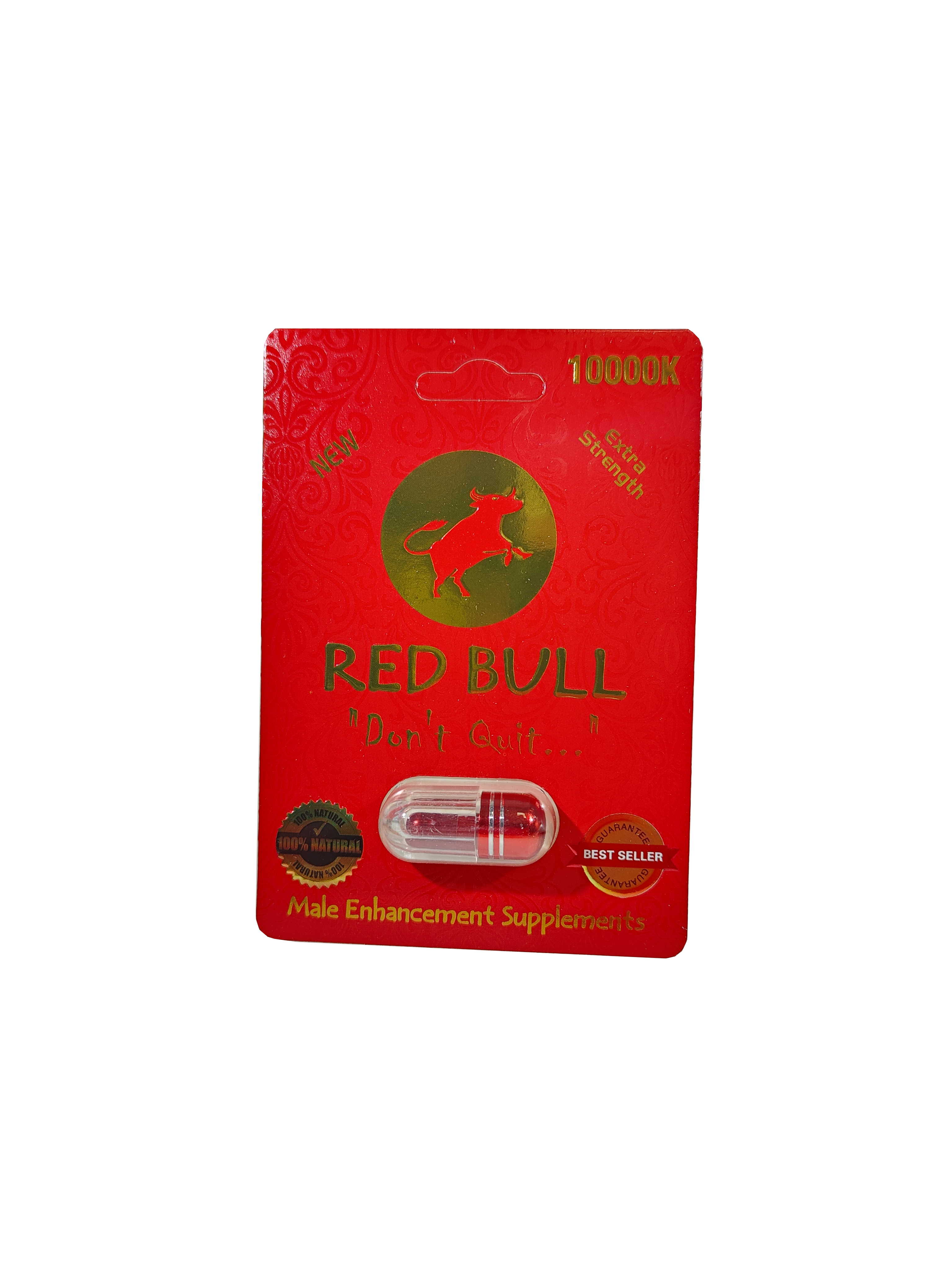 Single capsule packet of Red Bull 10000K, a male stamina enhancement supplement pill.