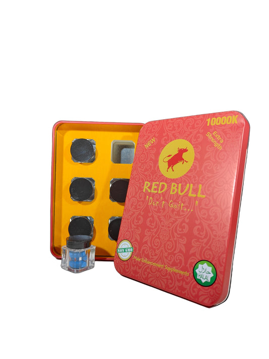 Front view of Red Bull 10000k Pills, a tin of male enhancement supplements.
