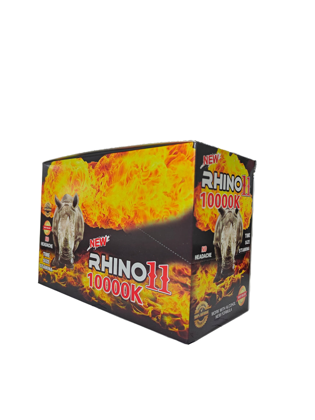 Front view of Rhino 11 10000K display box, a new male stamina enhancement supplement in pill form.
