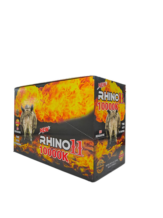 Front view of Rhino 11 10000K display box, a new male stamina enhancement supplement in pill form.