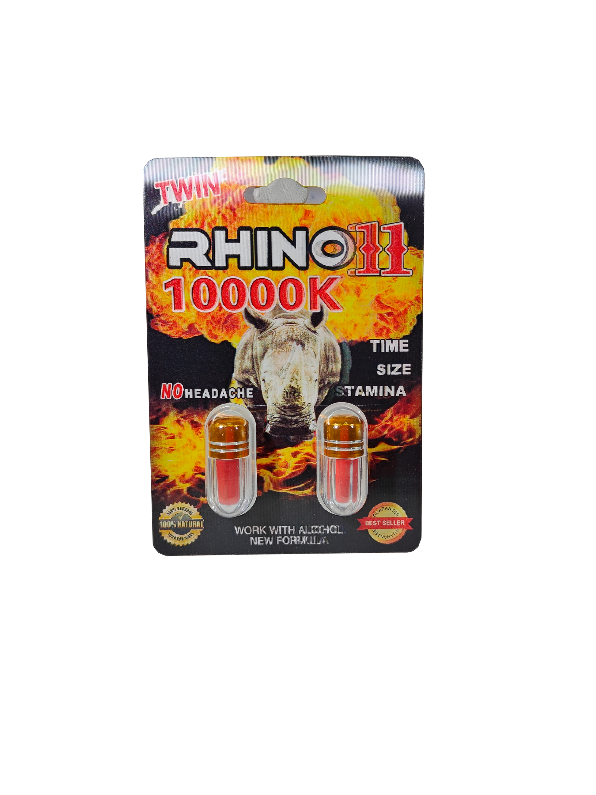 Double capsule packet of Rhino 11 1000K, a male stamina supplement in pill form.
