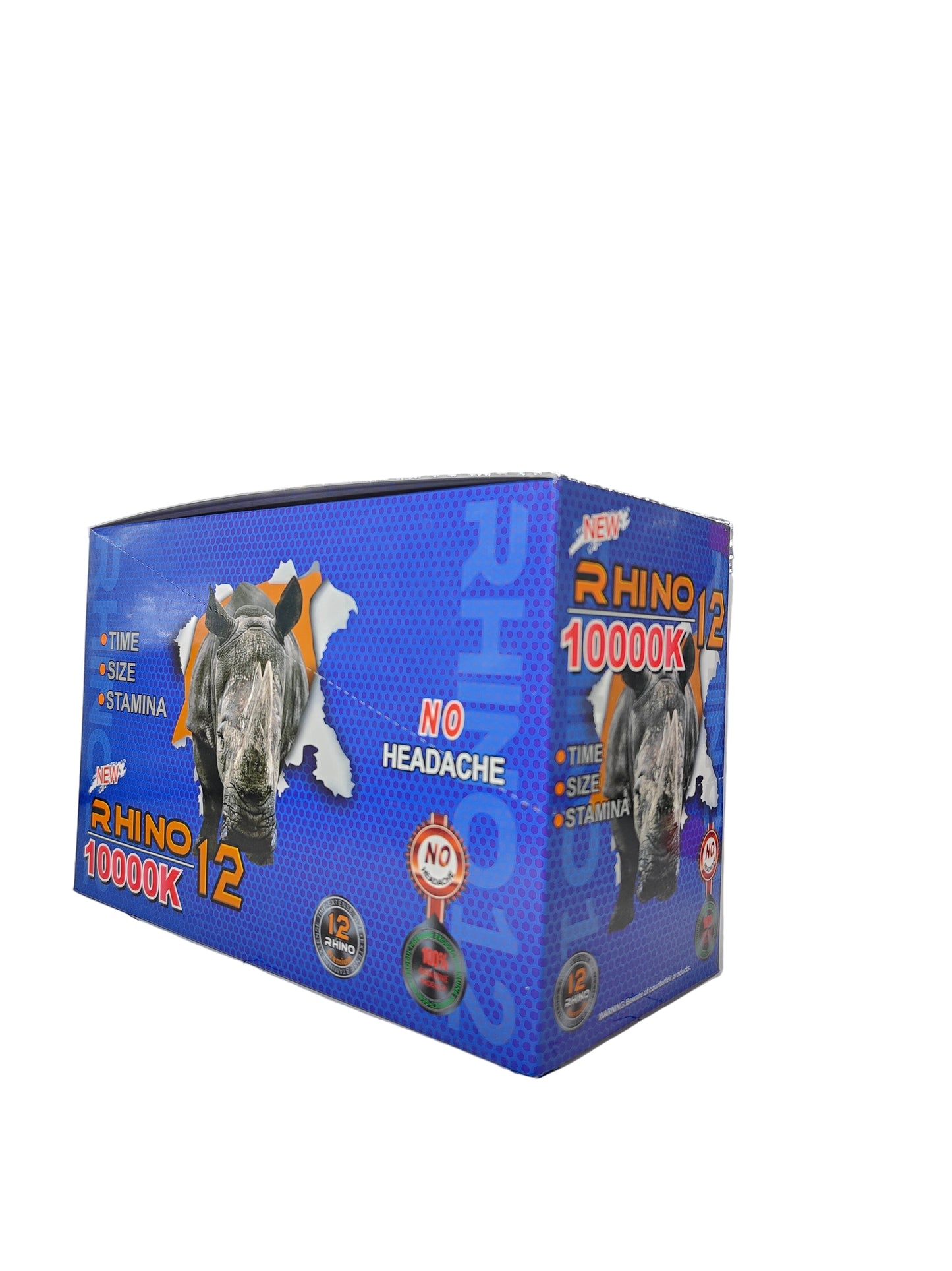 Front view of Rhino 12 10000K display box, a new male stamina enhancement supplement in pill form.