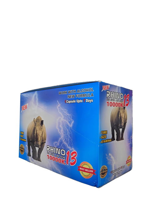 Front view of Rhino 13 10000K display box, a new male stamina enhancement supplement in pill form.