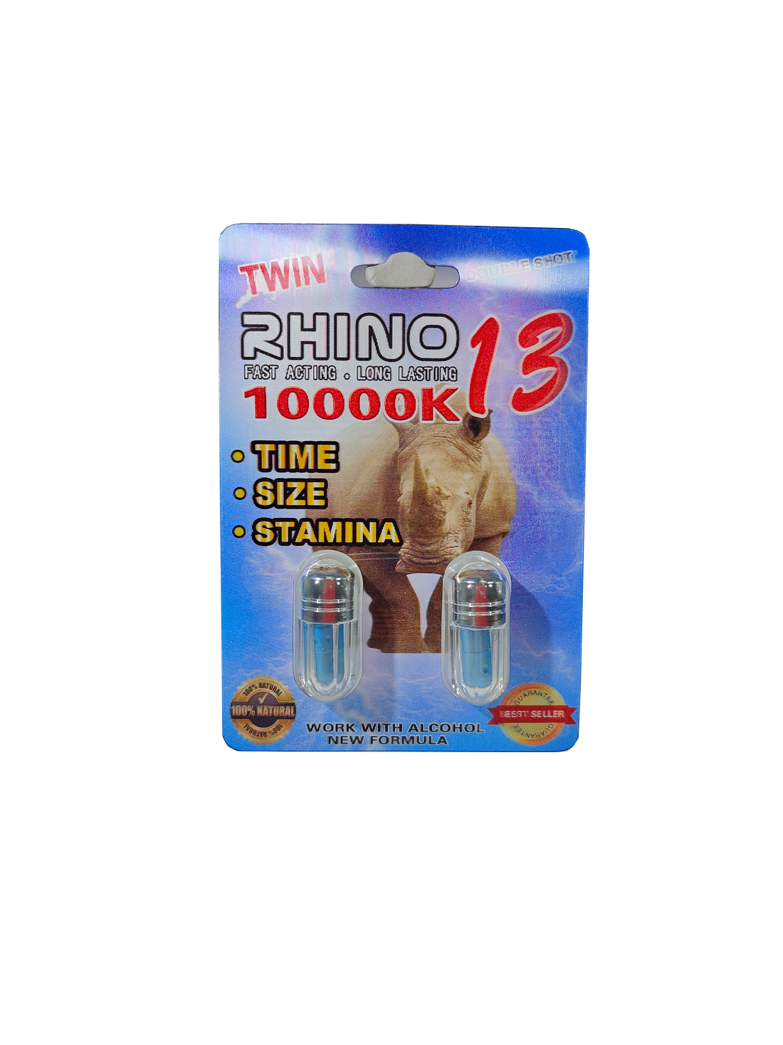 Double capsule packet of Rhino 13 10000K, a male enhancement supplement pill.