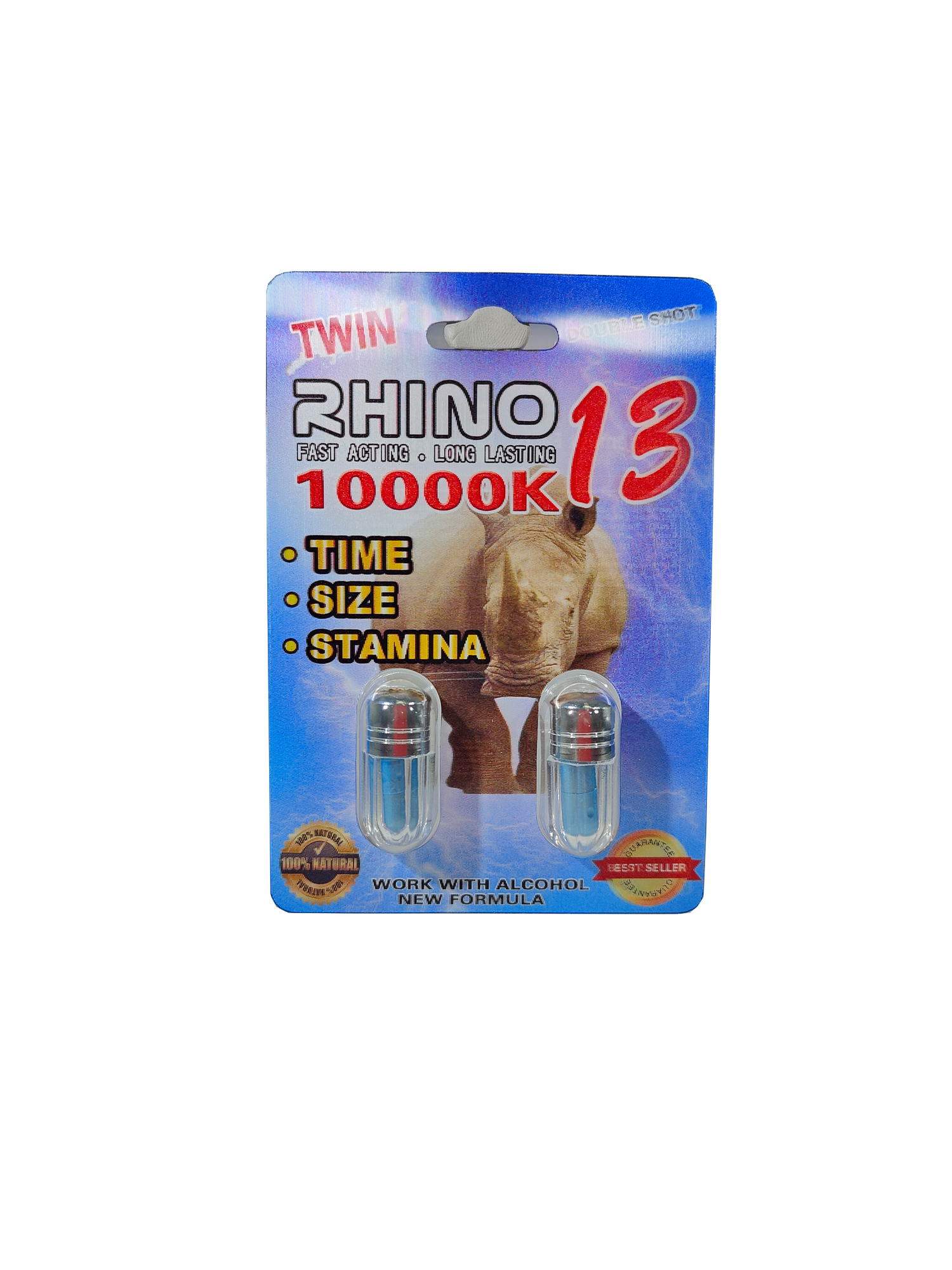 Double capsule packet of Rhino 13 10000K, a male enhancement supplement pill.