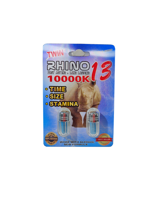 Double capsule packet of Rhino 13 10000K, a male enhancement supplement pill.