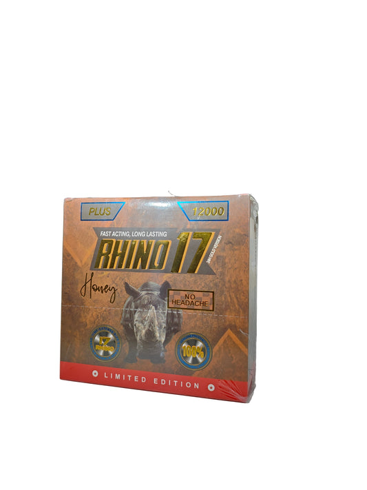 Front view of the Limited Edition Rhino 17 Honey Box a male enhancement supplement product.