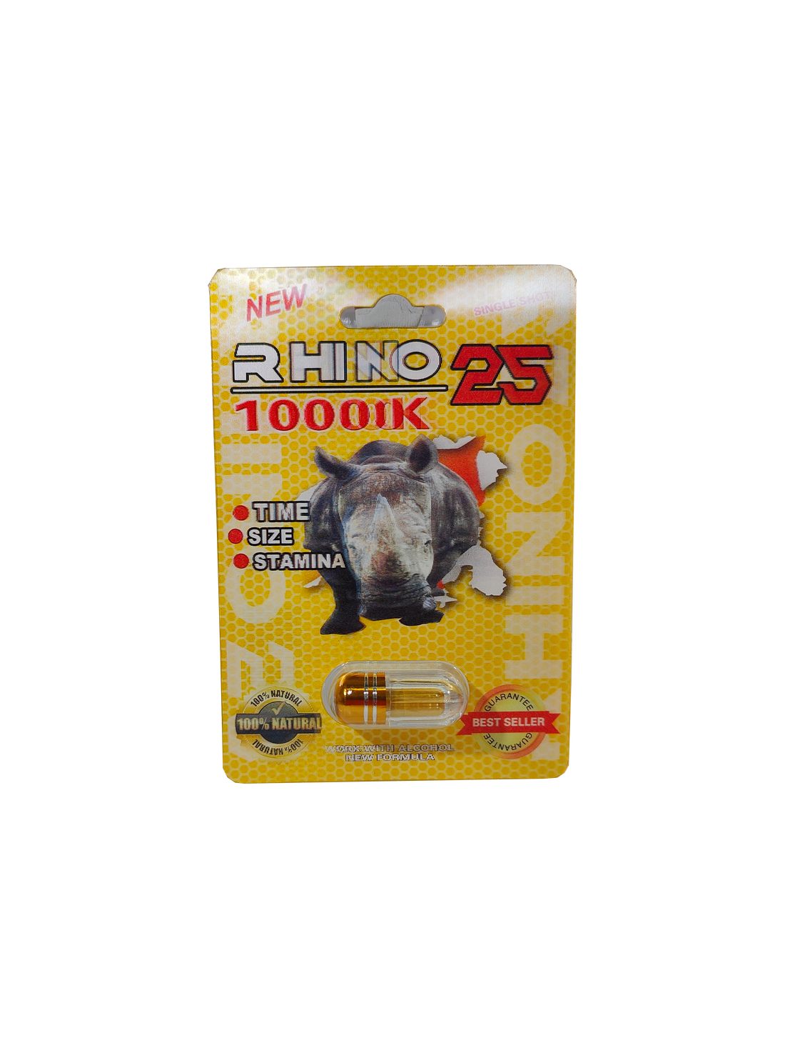 Single capsule packet of Rhino 25 10000K, a male enhancement supplement pill.