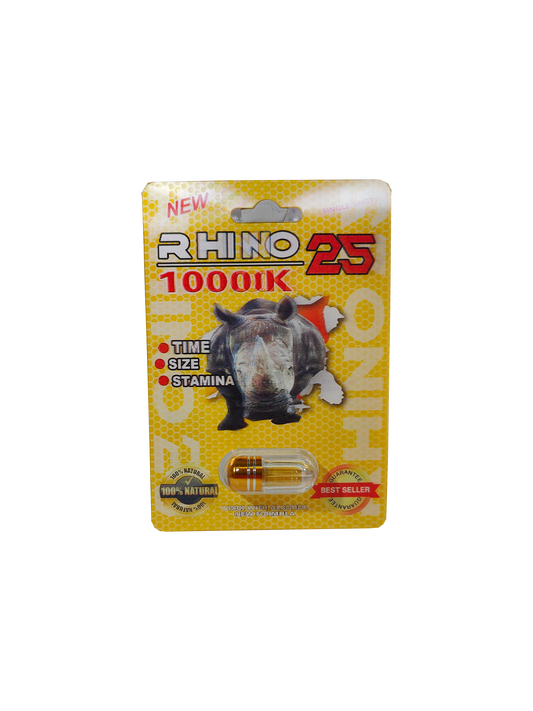 Single capsule packet of Rhino 25 10000K, a male enhancement supplement pill.
