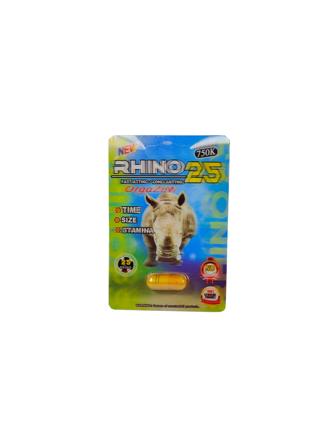 Single capsule of Rhino 25 Titanium 750K, a male stamina enhancement pill.