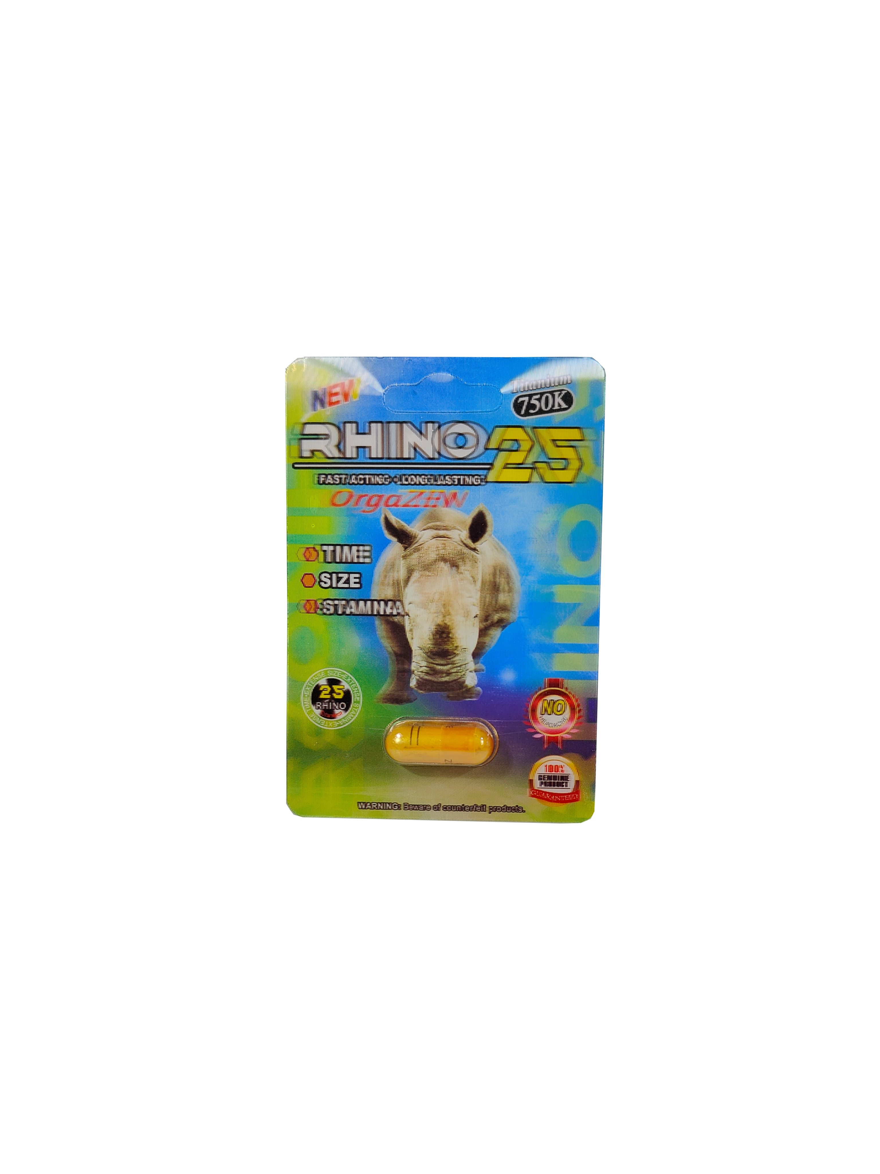 Single capsule of Rhino 25 Titanium 750K, a male stamina enhancement pill.