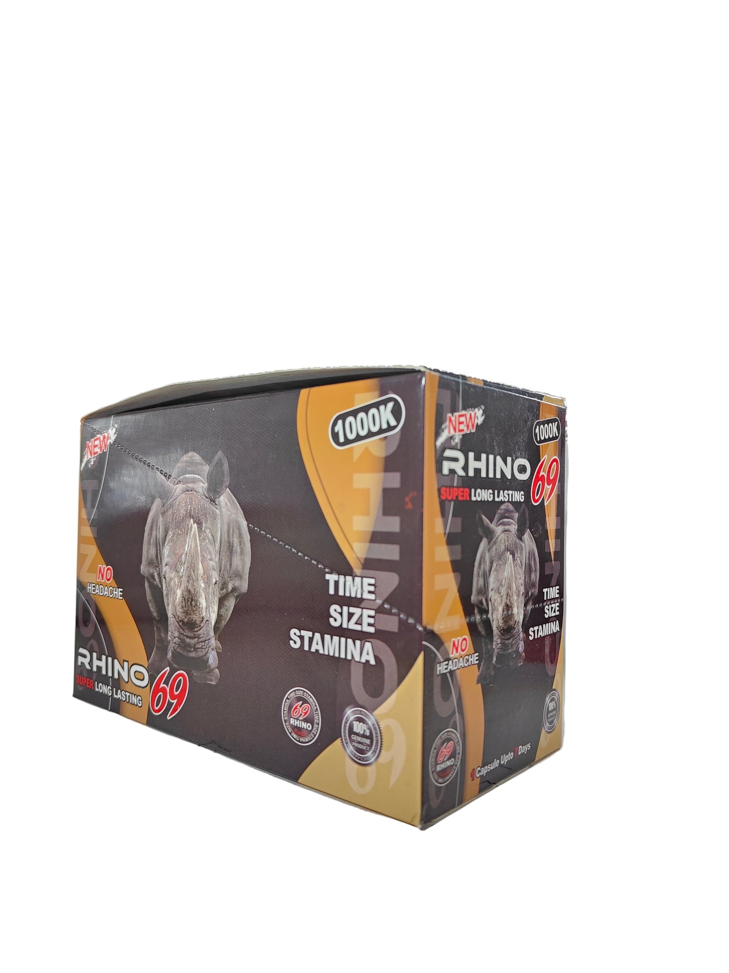 Front view of Rhino 69 1000K display box, a new male stamina enhancement supplement pill.