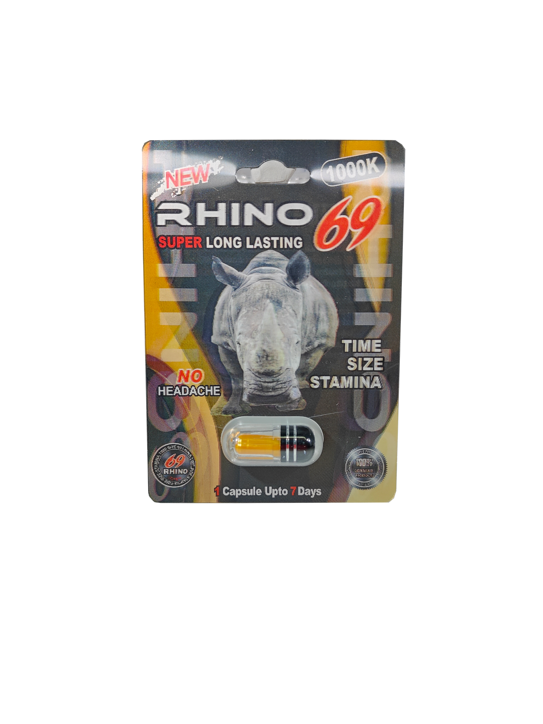 Single capsule packet of Rhino 69 1000K, a male enhancement supplement pill.