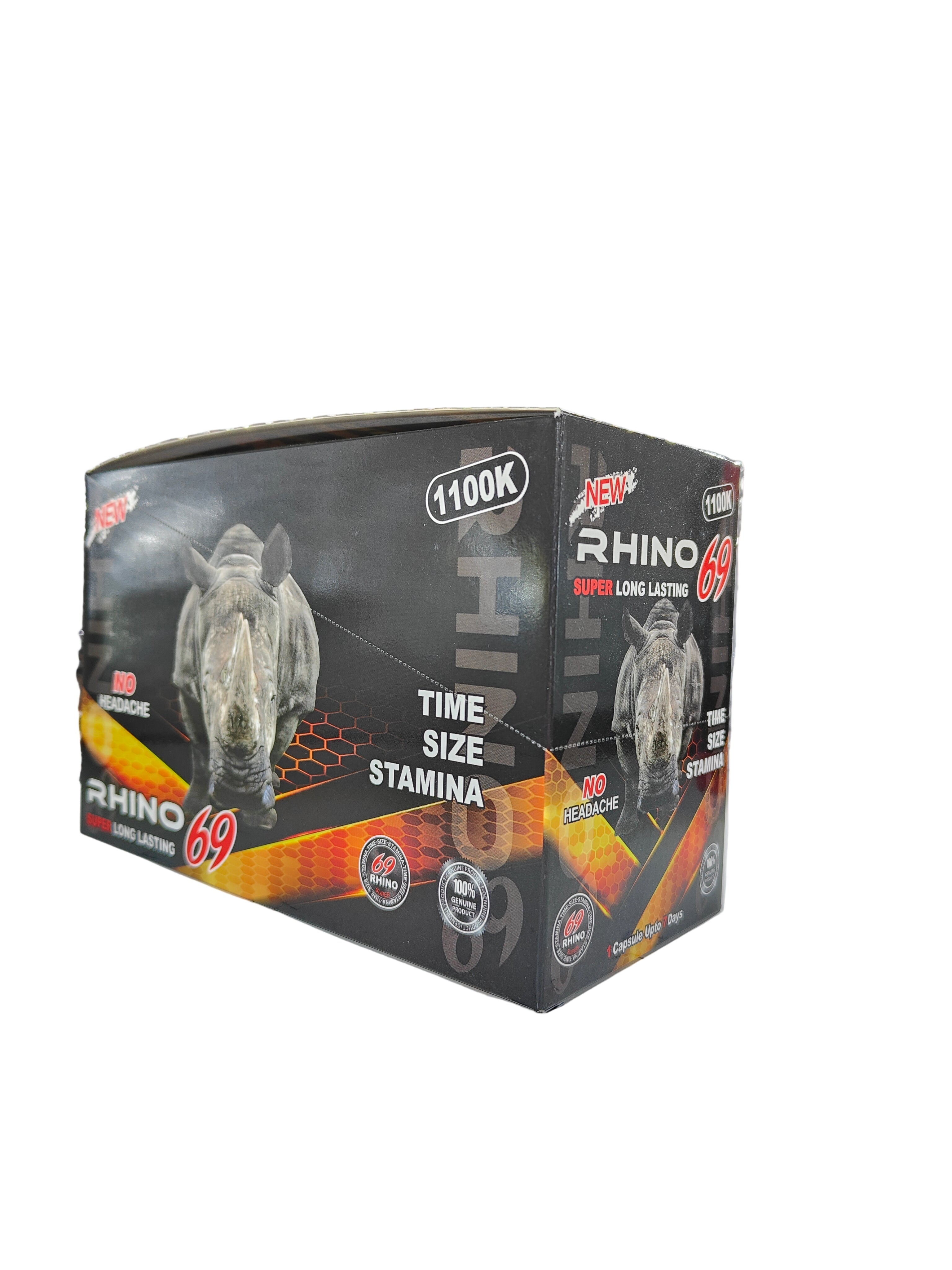 Front view of Rhino 69 1100K display box, a premium male stamina supplement in pill form.