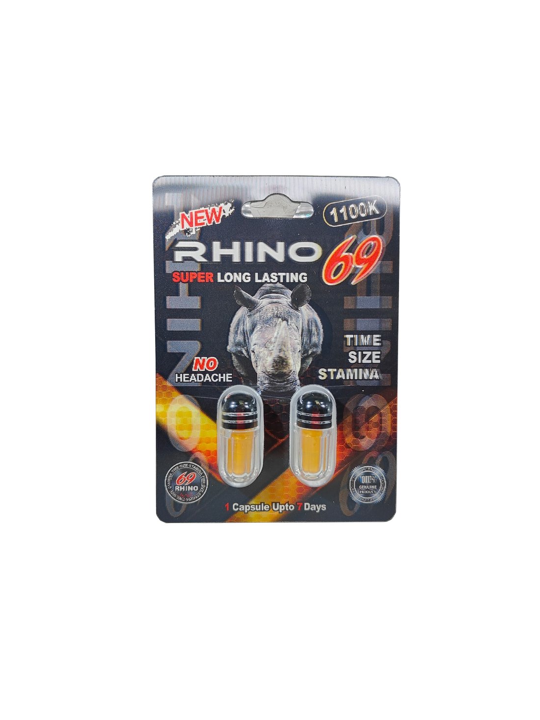 Double capsule packet for Rhino 69 1100K, a premium male stamina supplement pill.  