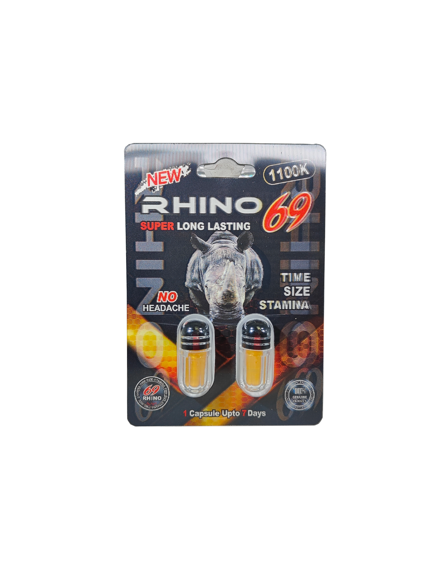 Double capsule packet for Rhino 69 1100K, a premium male stamina supplement pill.  