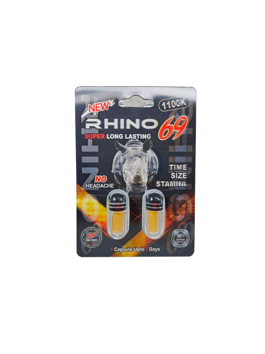 Double capsule packet for Rhino 69 1100K, a premium male stamina supplement pill.  