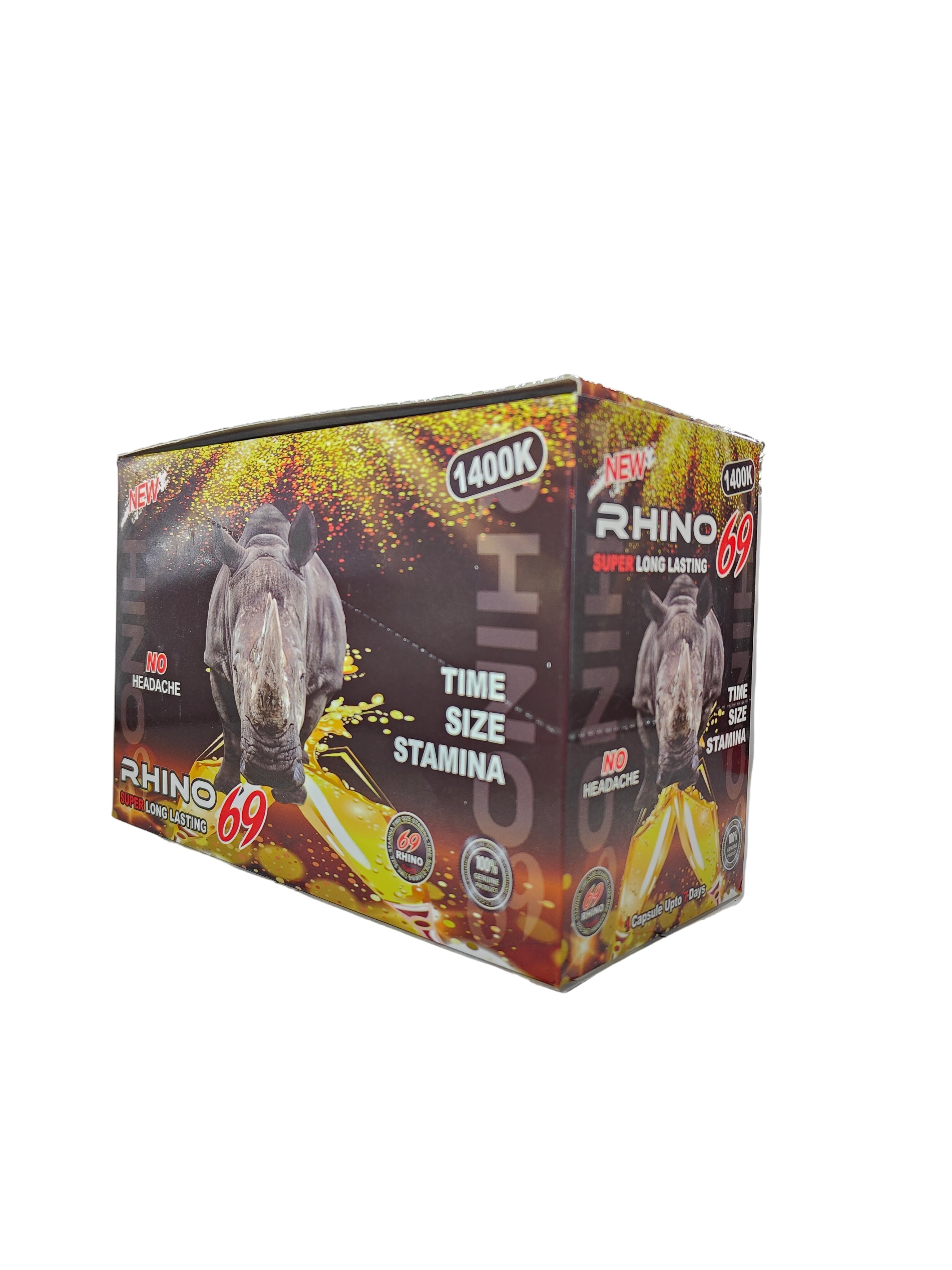 Front view of Rhino 69 1400K display box, a new male stamina enhancement supplement in pill form.