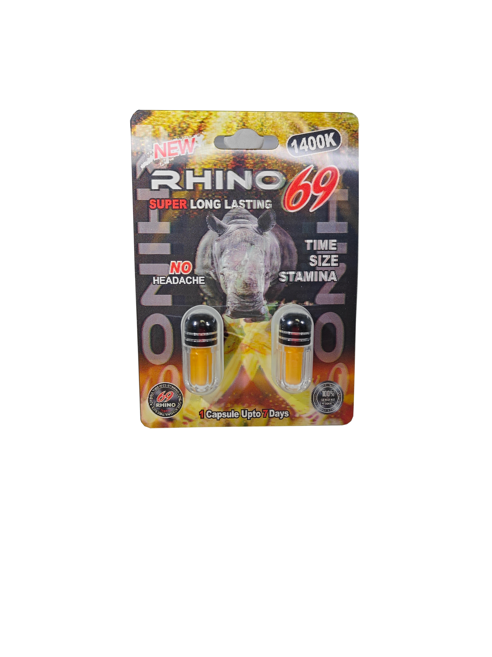 Double capsule packet of Rhino 69 1400K, a new male stamina enhancement supplement pill.