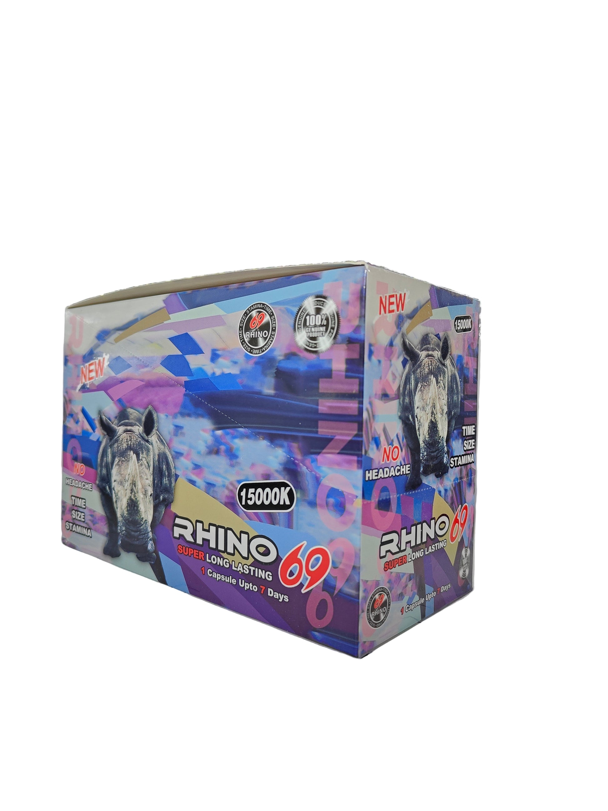 Front view of Rhino 69 15000K display box, a new male stamina enhancement supplement in pill form.