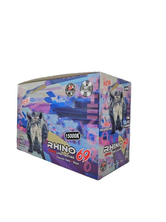 Front view of Rhino 69 15000K display box, a new male stamina enhancement supplement in pill form.