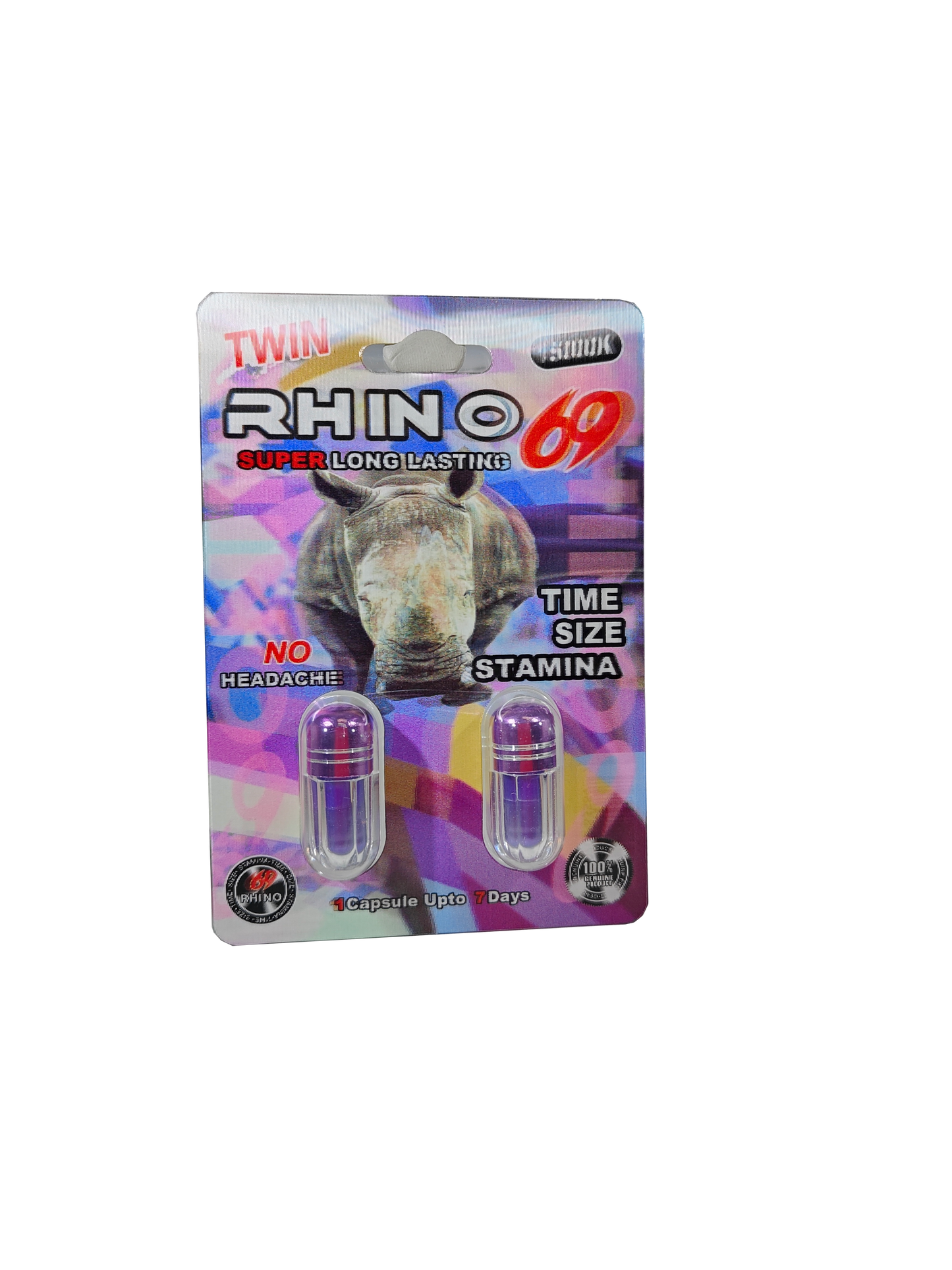 Double capsule packet of Rhino 69 15000K, a male stamina enhancement supplement pill.