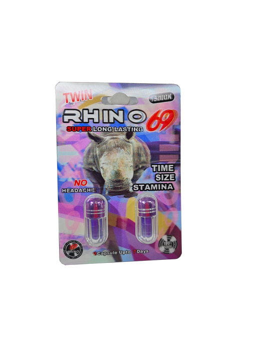 Double capsule packet of Rhino 69 15000K, a male stamina enhancement supplement pill.