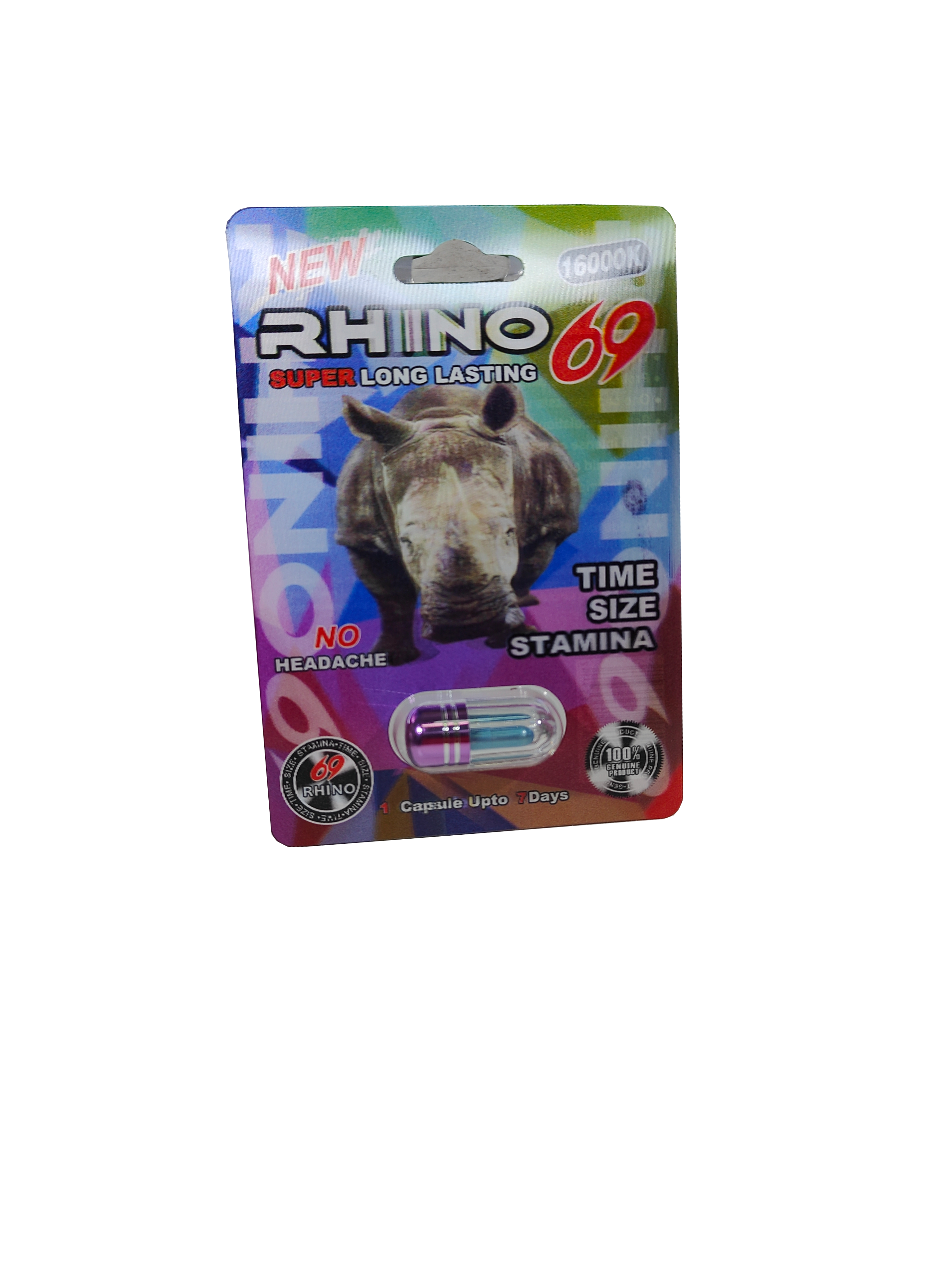 Single capsule packet Rhino 69 16000K, a male enhancement supplement pill.