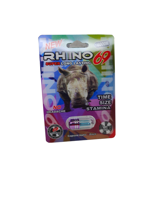 Single capsule packet Rhino 69 16000K, a male enhancement supplement pill.
