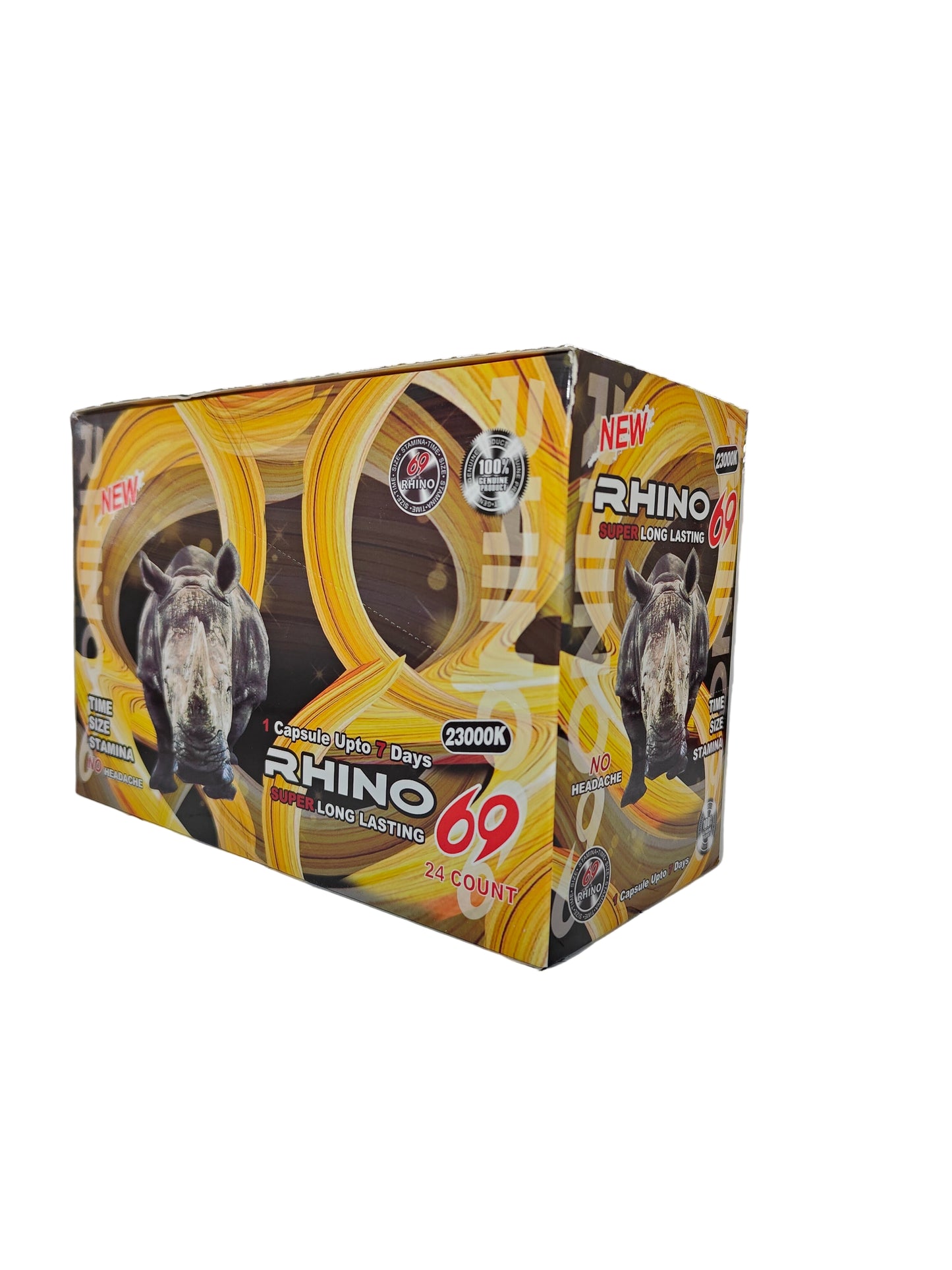 Front view of Rhino 69 23000K display box, a new male stamina enhancement supplement in pill form. 