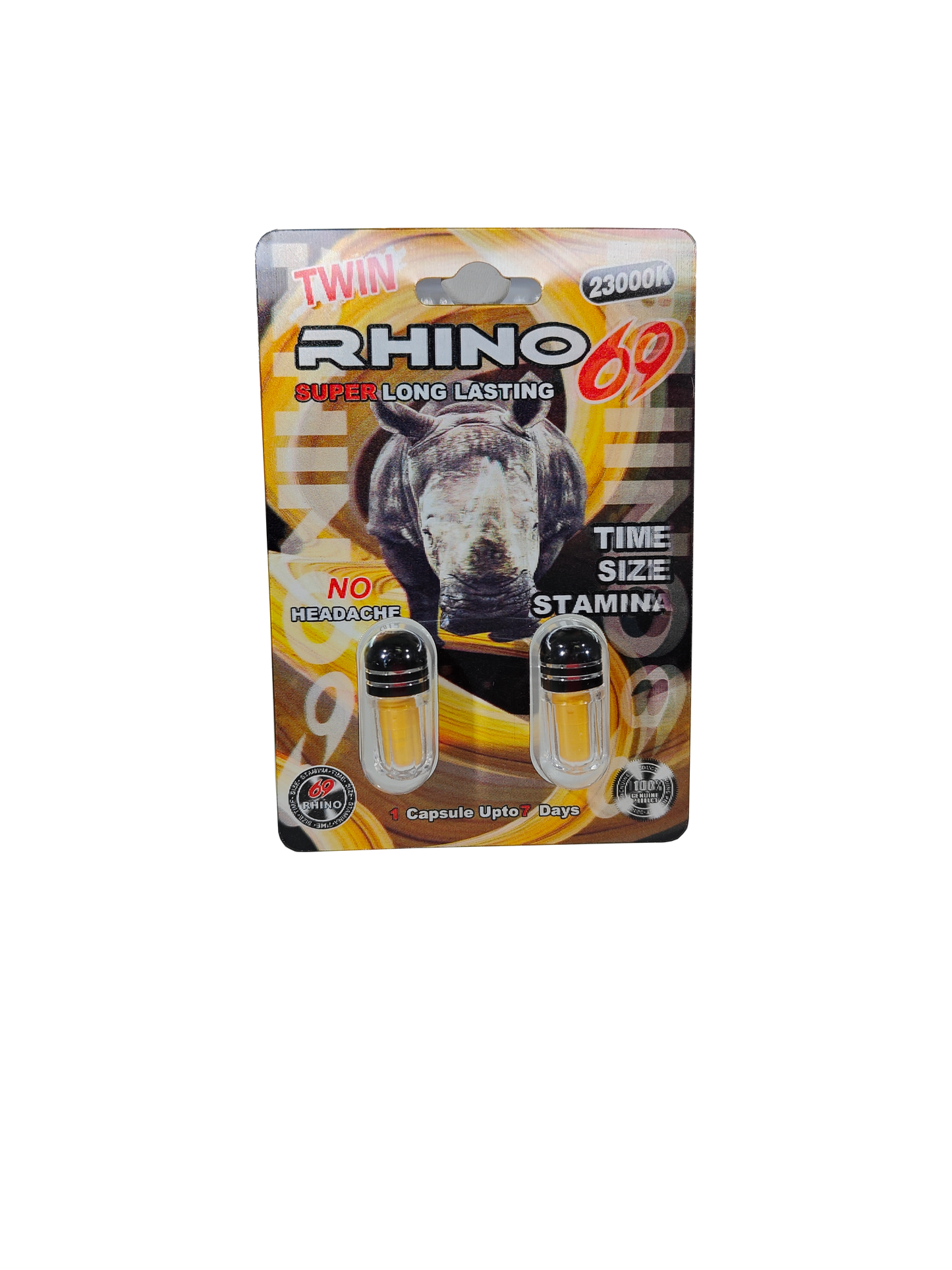 double capsule packet of Rhino 69 23000K, a new male enhancement supplement in the form of a pill.