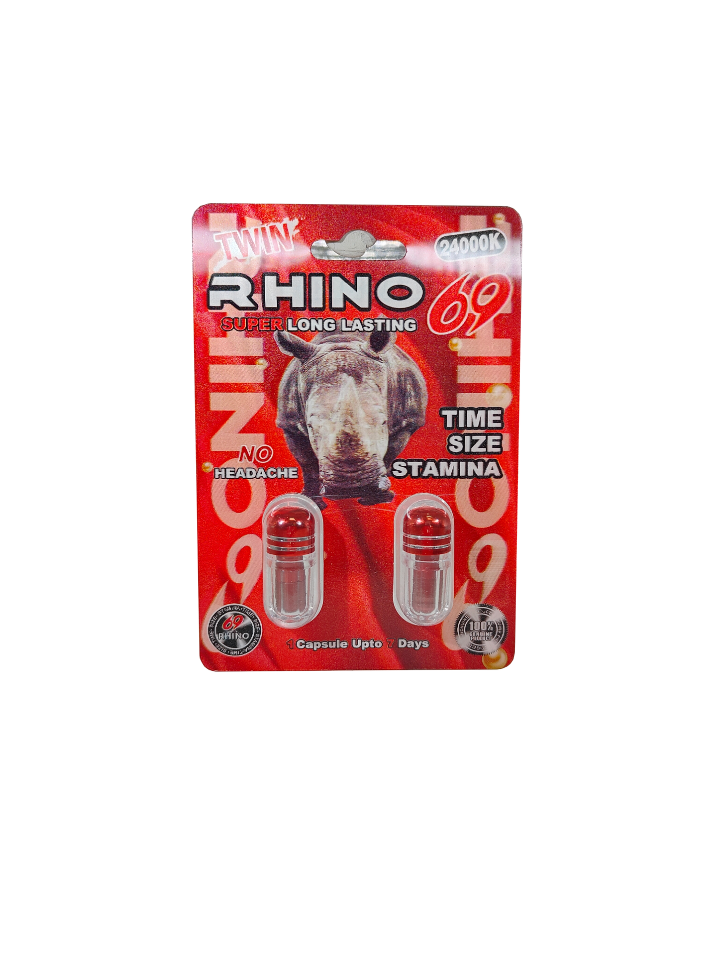 Double capsule packet of Rhino 69 24000K, a male enhancement supplement in pill form.