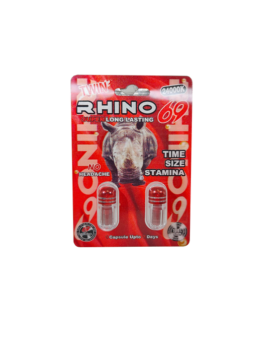 Double capsule packet of Rhino 69 24000K, a male enhancement supplement in pill form.