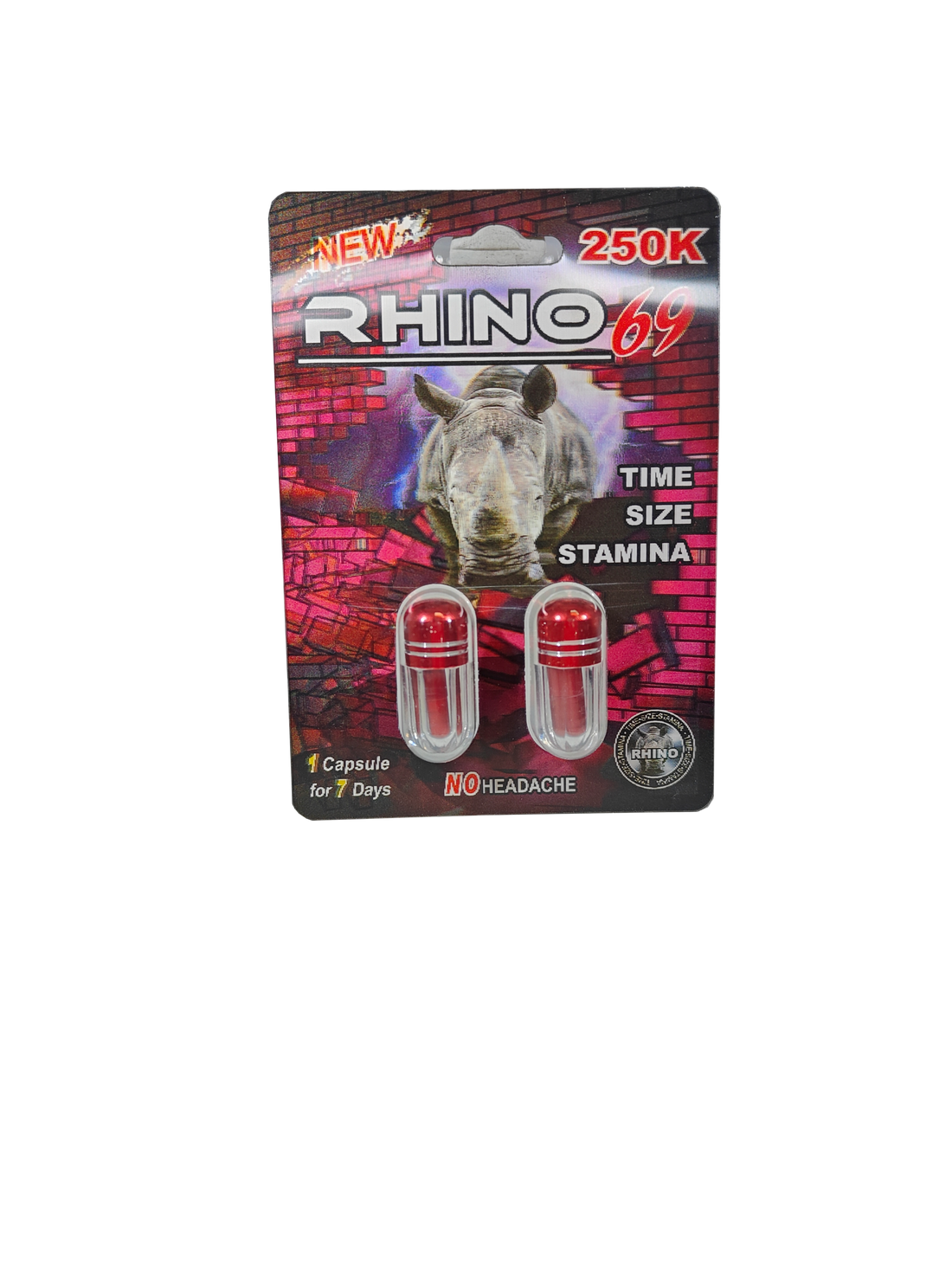 Double capsule packet of Rhino 69 250k, a new male stamina enhancement supplement pill. 