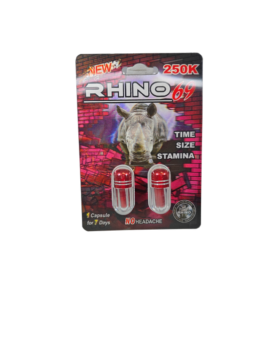 Double capsule packet of Rhino 69 250k, a new male stamina enhancement supplement pill. 