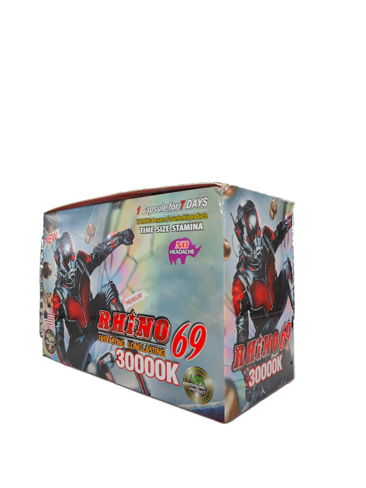 Front view of Rhino 69 30000K display box, a premium male stamina enhancement supplement pill with an ant man design.