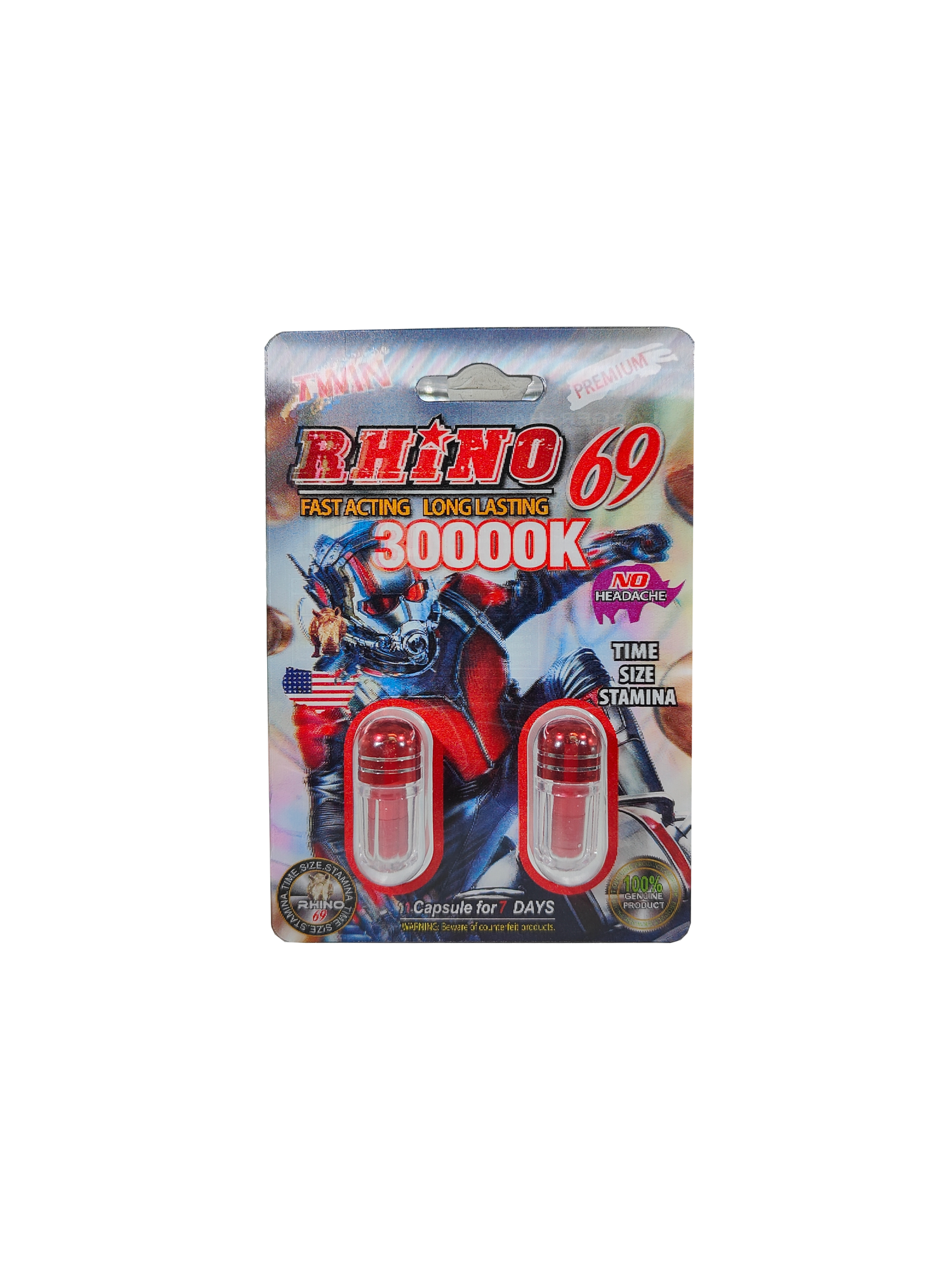 Double capsule packet of Rhino 69 30000K a premium male enhancement supplement pill with an ant man design.