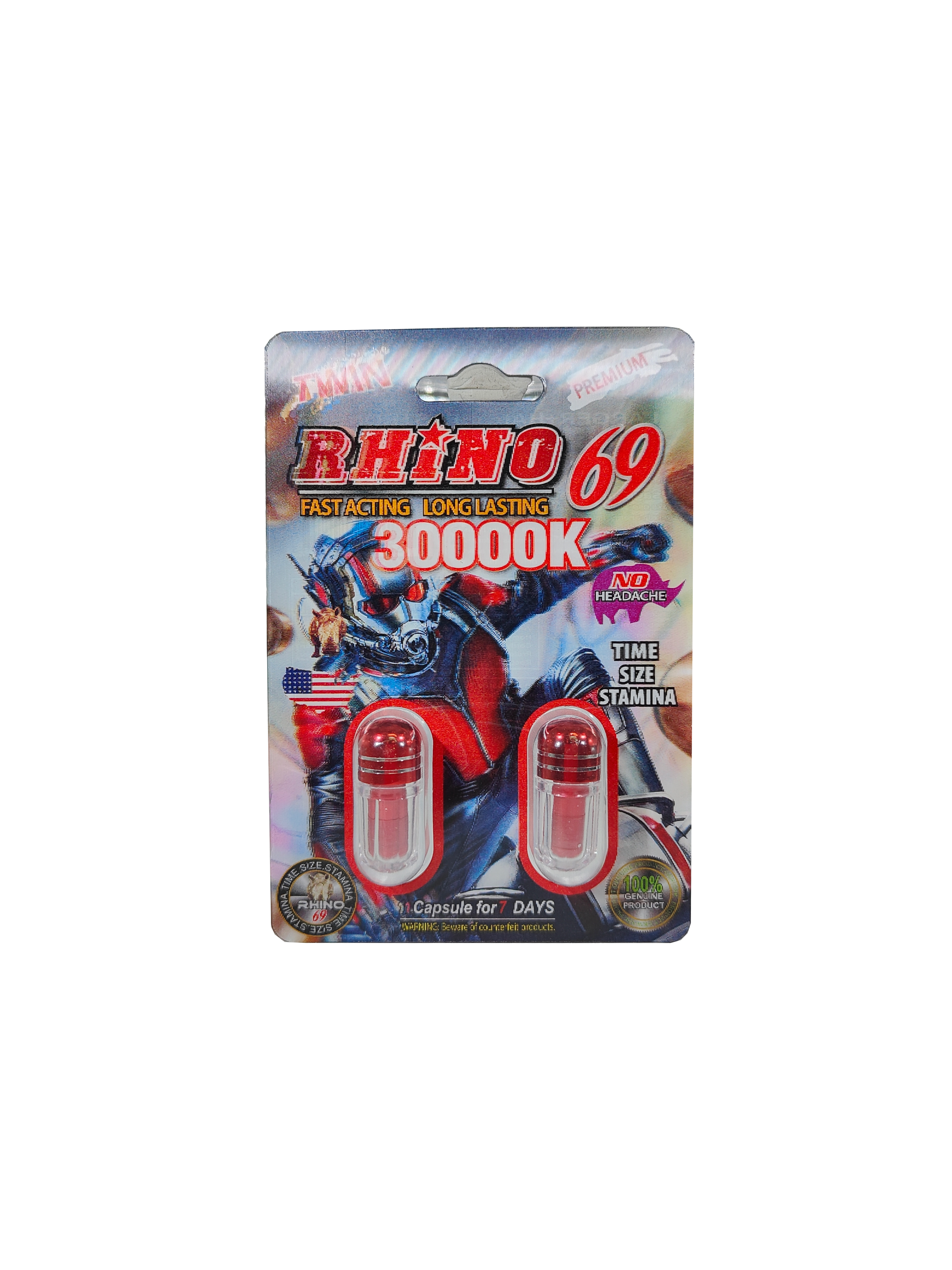 Double capsule packet of Rhino 69 30000K a premium male enhancement supplement pill with an ant man design.