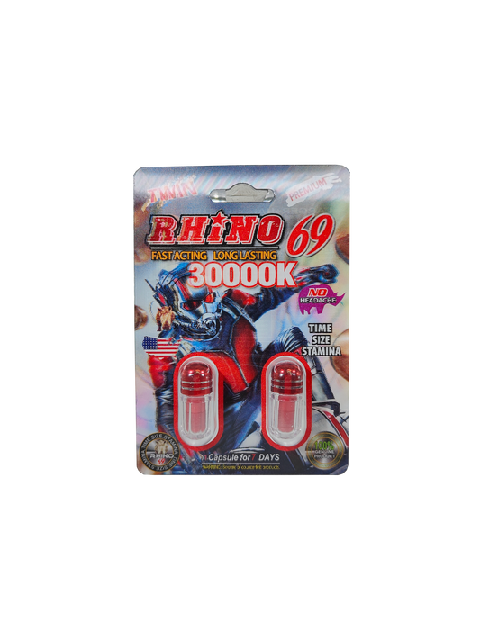 Double capsule packet of Rhino 69 30000K a premium male enhancement supplement pill with an ant man design.