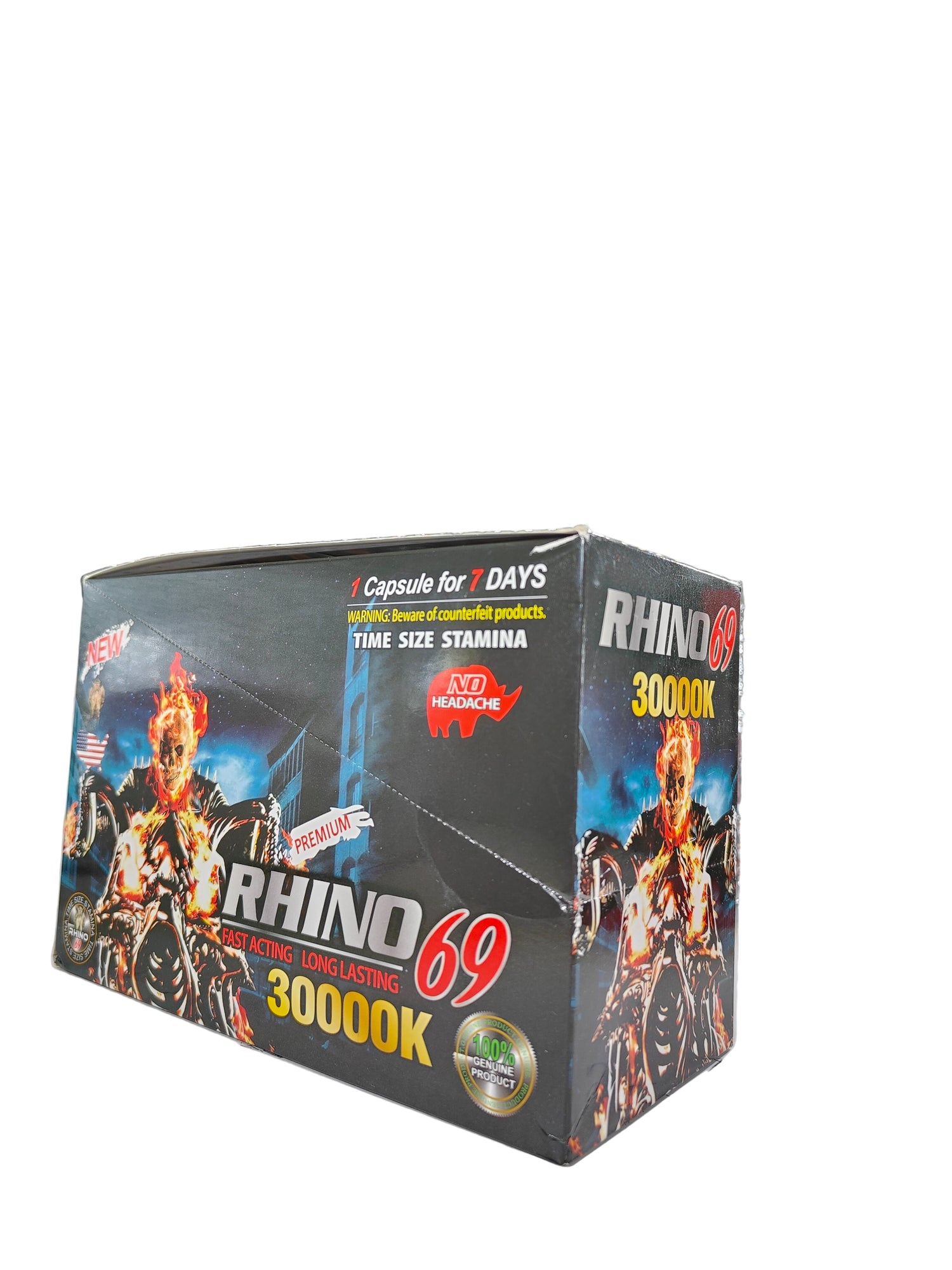 Front view of Rhino 69 30000K display box, a premium male enhancement supplement in pill form with a ghost rider design.