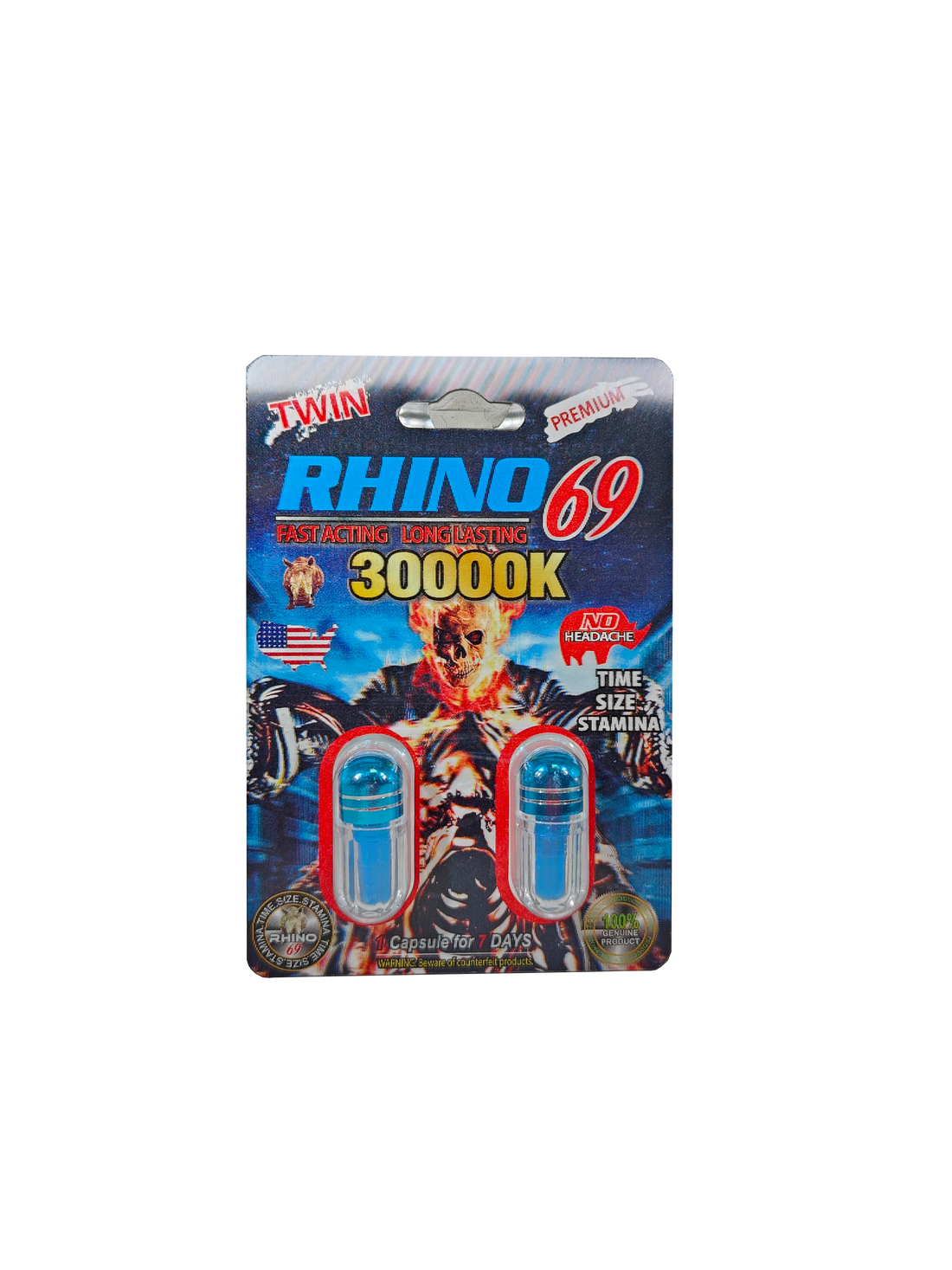 Double capsule packet of Rhino 69 30000K, a premium male enhancement supplement pill with a ghost rider design.