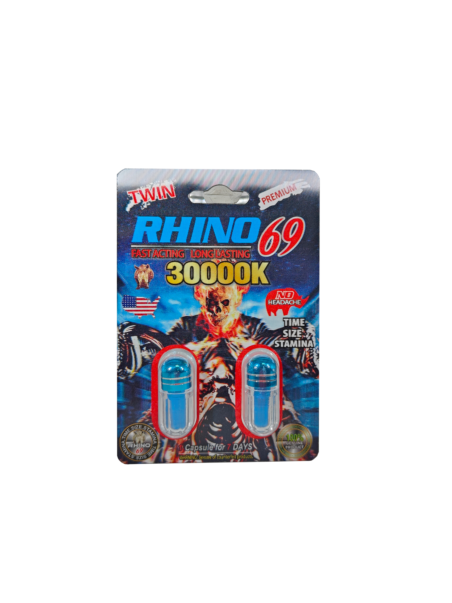 Double capsule packet of Rhino 69 30000K, a premium male enhancement supplement pill with a ghost rider design.