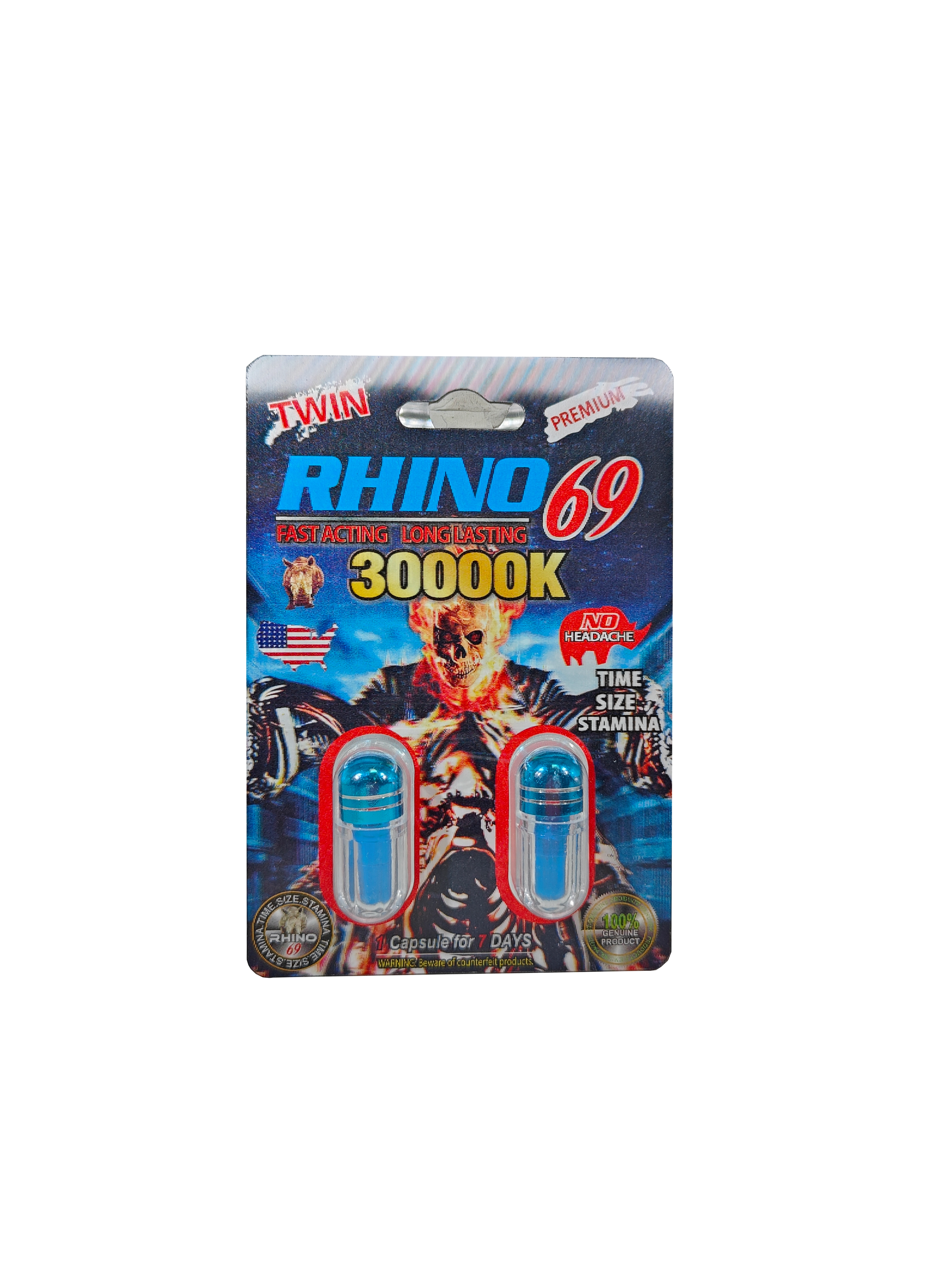 Double capsule packet of Rhino 69 30000K, a premium male enhancement supplement pill with a ghost rider design.