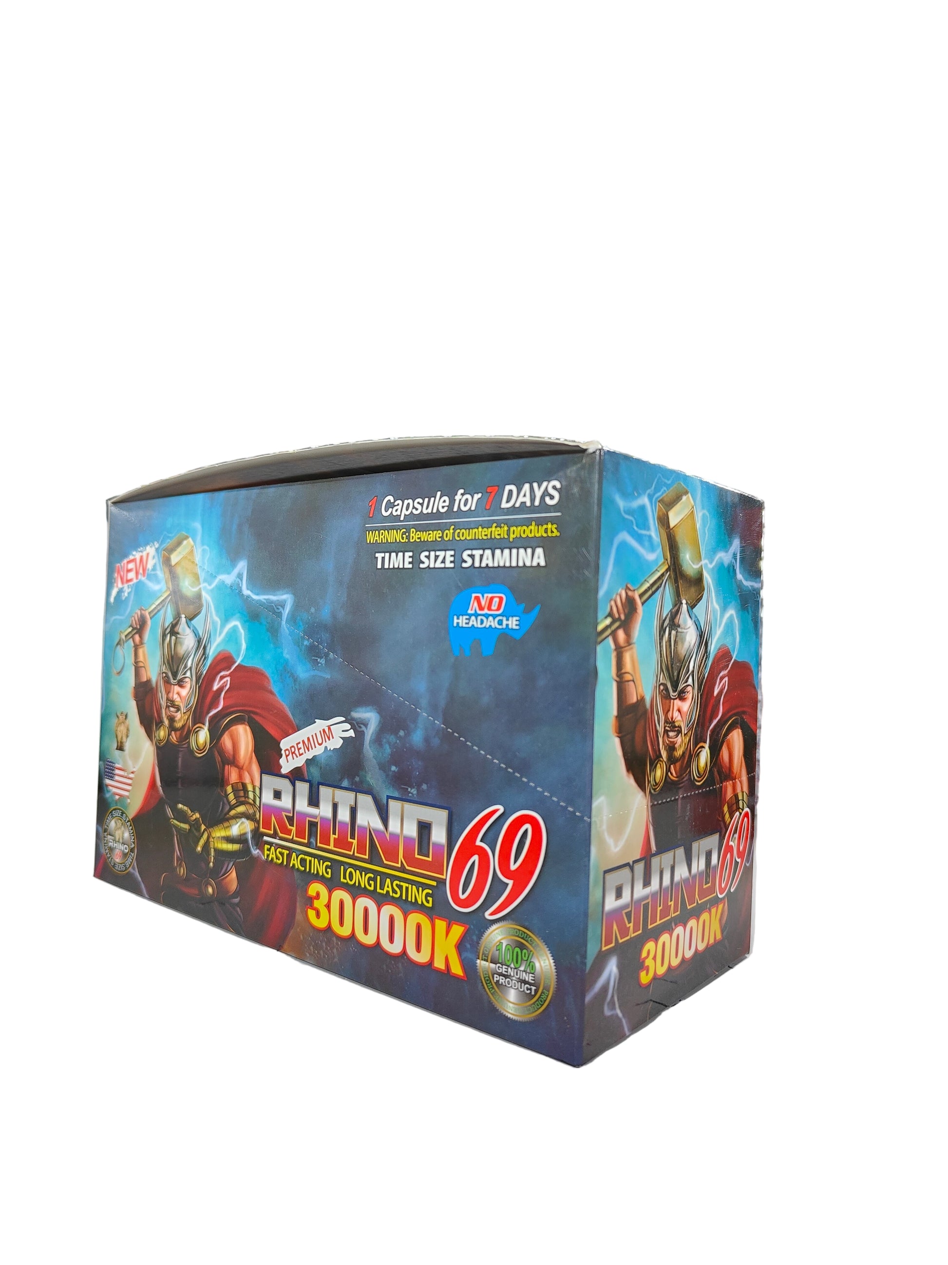 Front view of Rhino 69 30000K display box, a Premium male enhancement supplement in pill form with a Thor design.