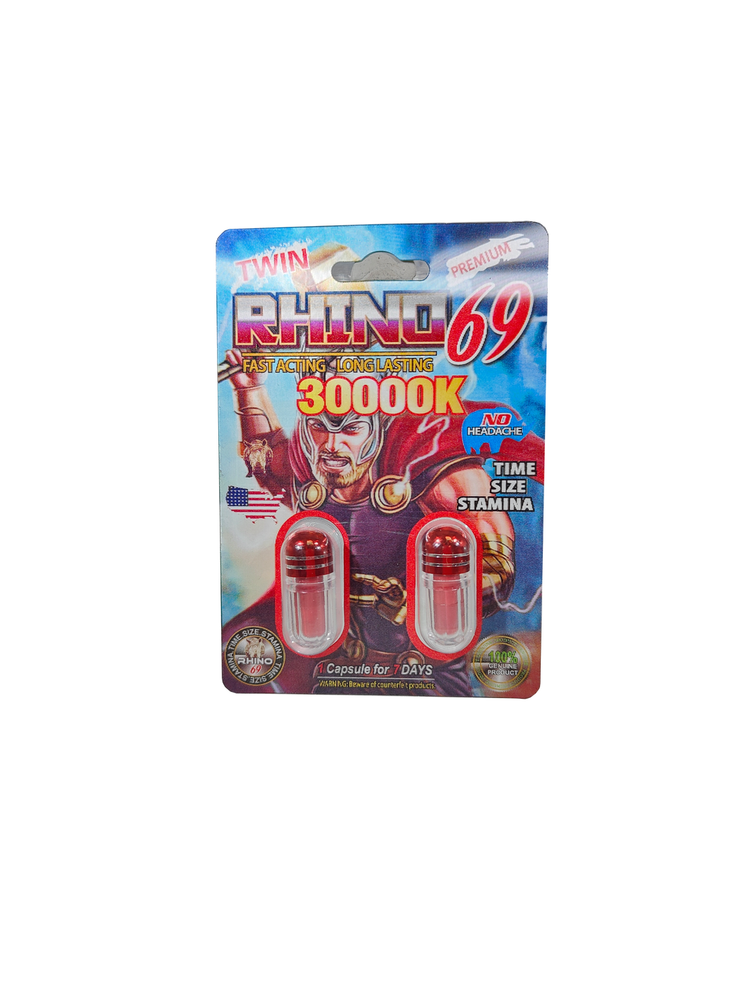 Double capsule packet of Rhino 69 30000K, a male enhancement supplement in pill form with a Thor design.